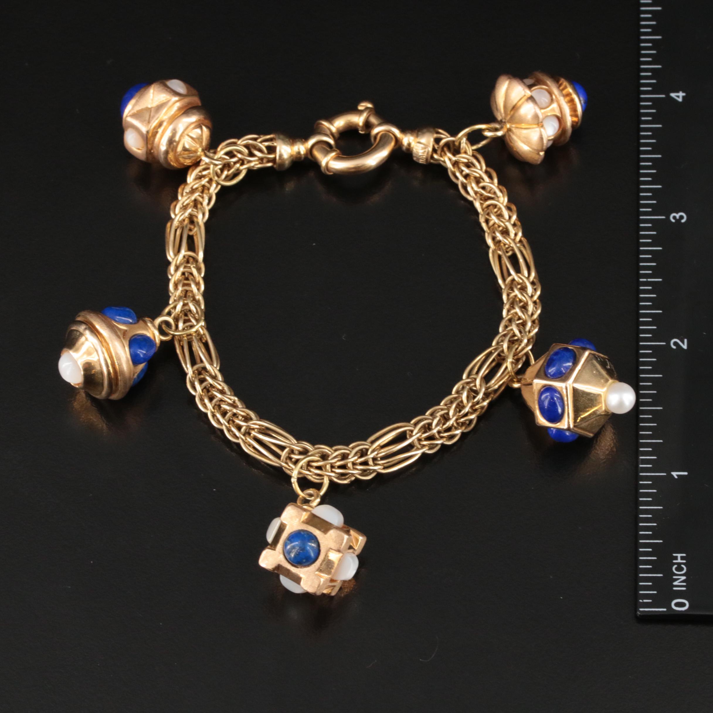14K Mother-of-Pearl, Lapis Lazuli and Pearl Charm Bracelet and Pendant