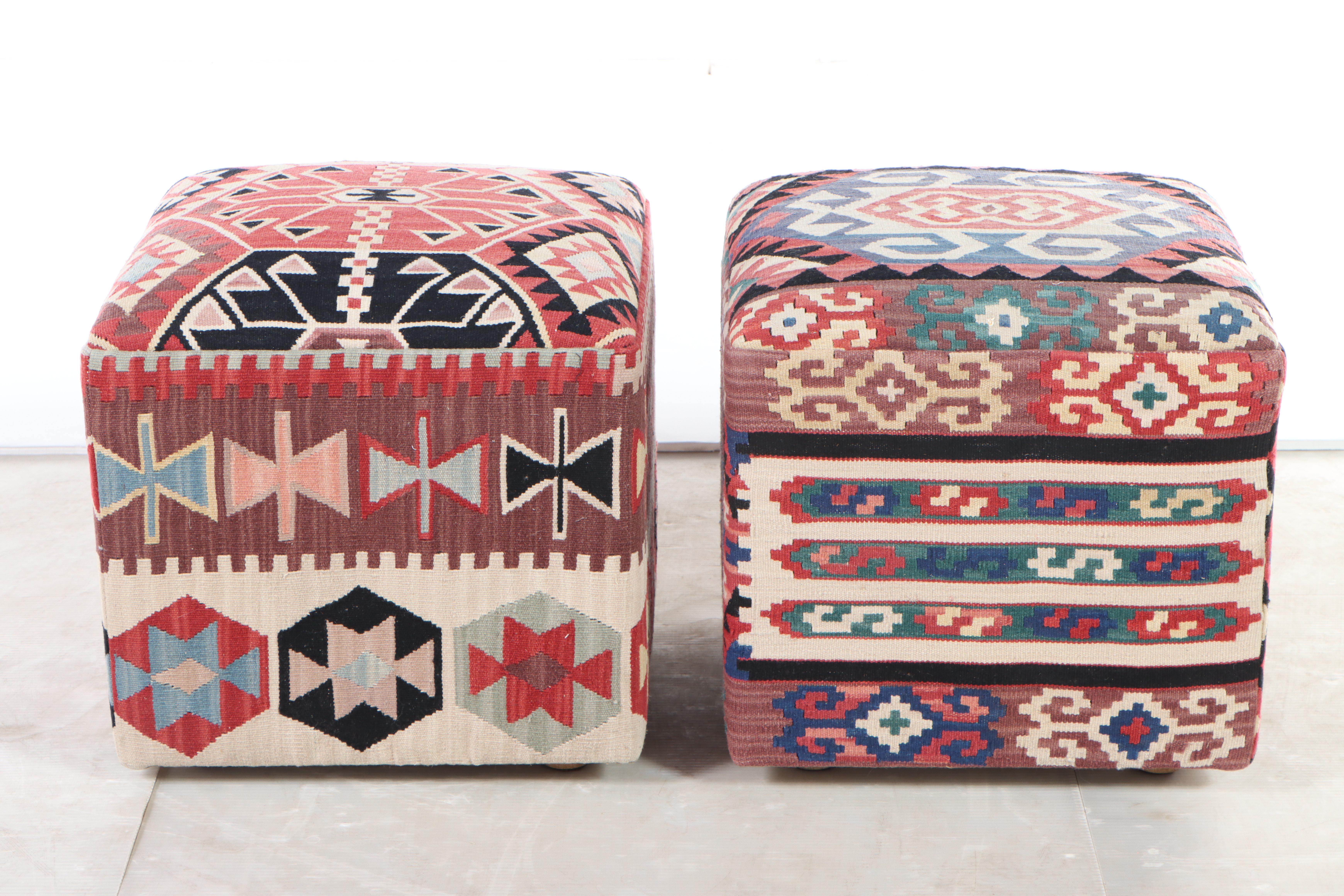Handwoven Turkish Rug Remnant Covered Ottomans
