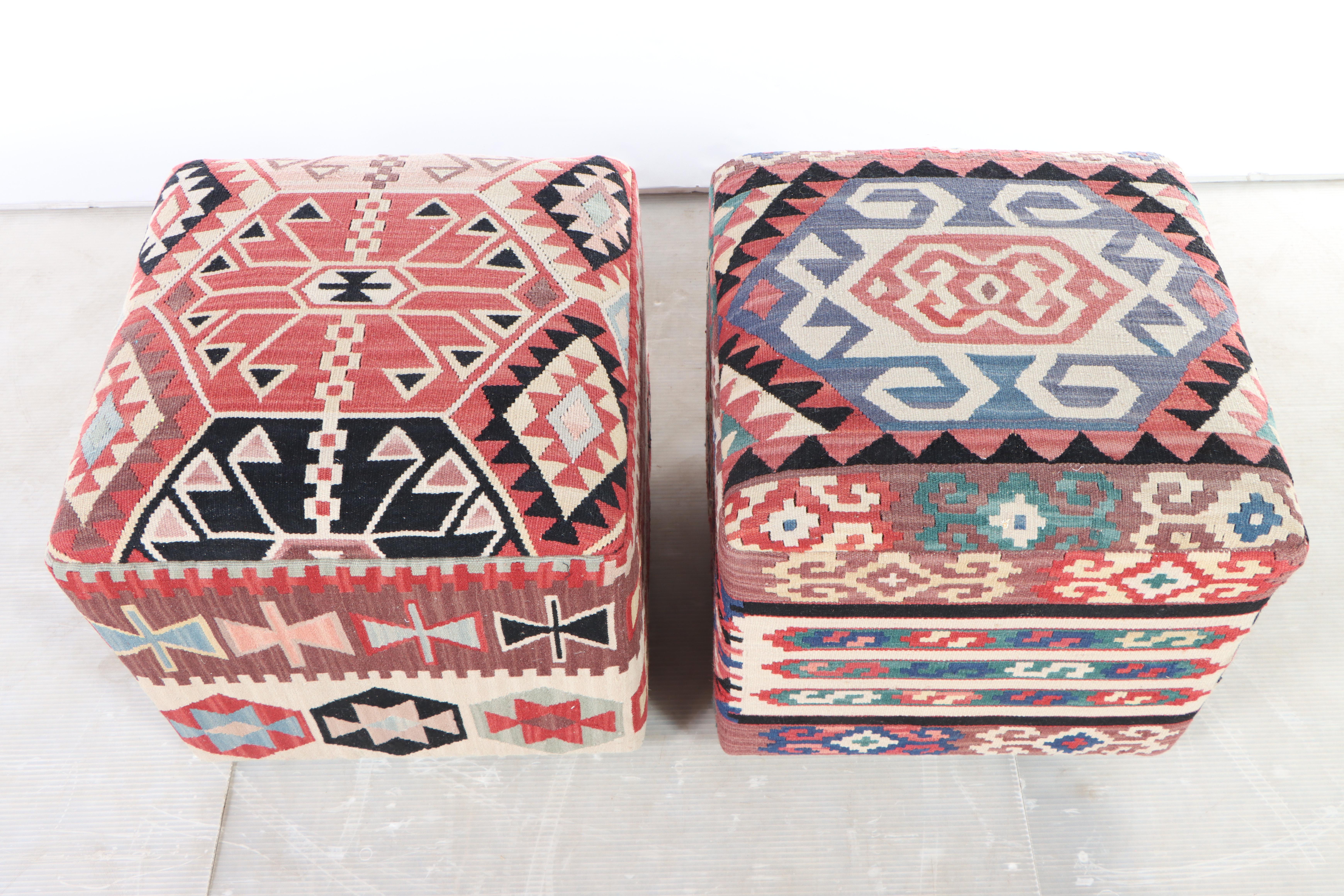 Handwoven Turkish Rug Remnant Covered Ottomans