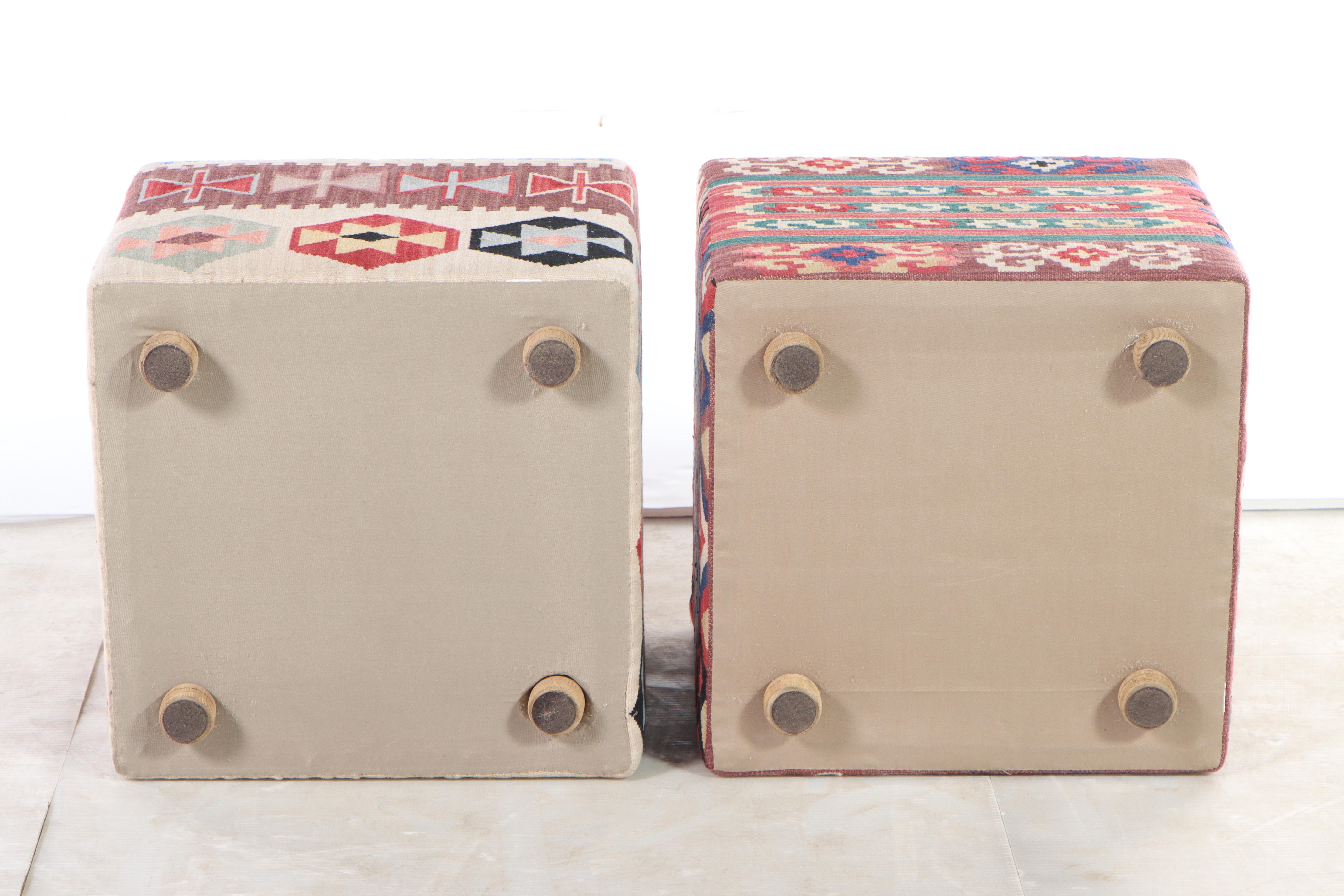 Handwoven Turkish Rug Remnant Covered Ottomans