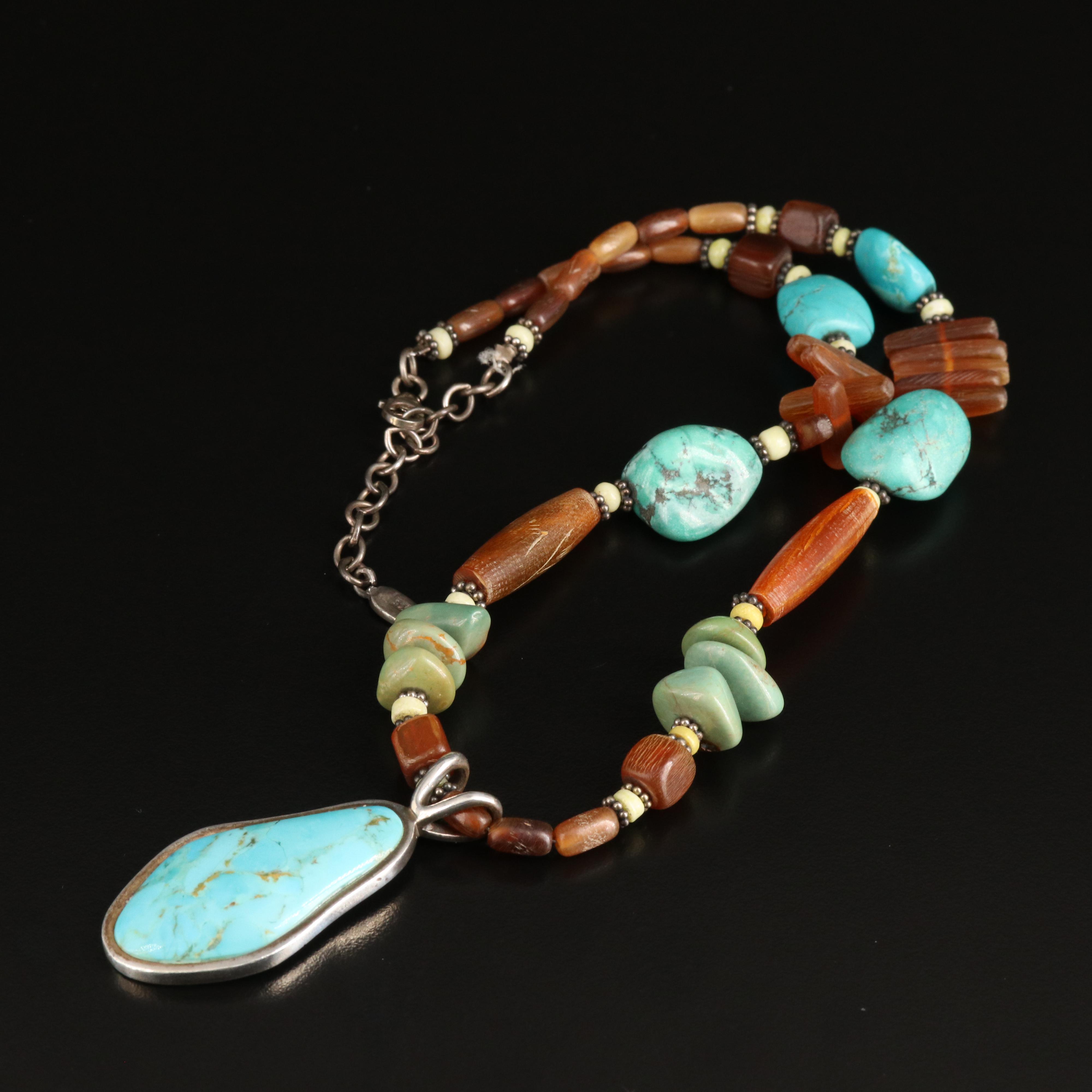 Barse Sterling Turquoise, Horn and Serpentine Necklace
