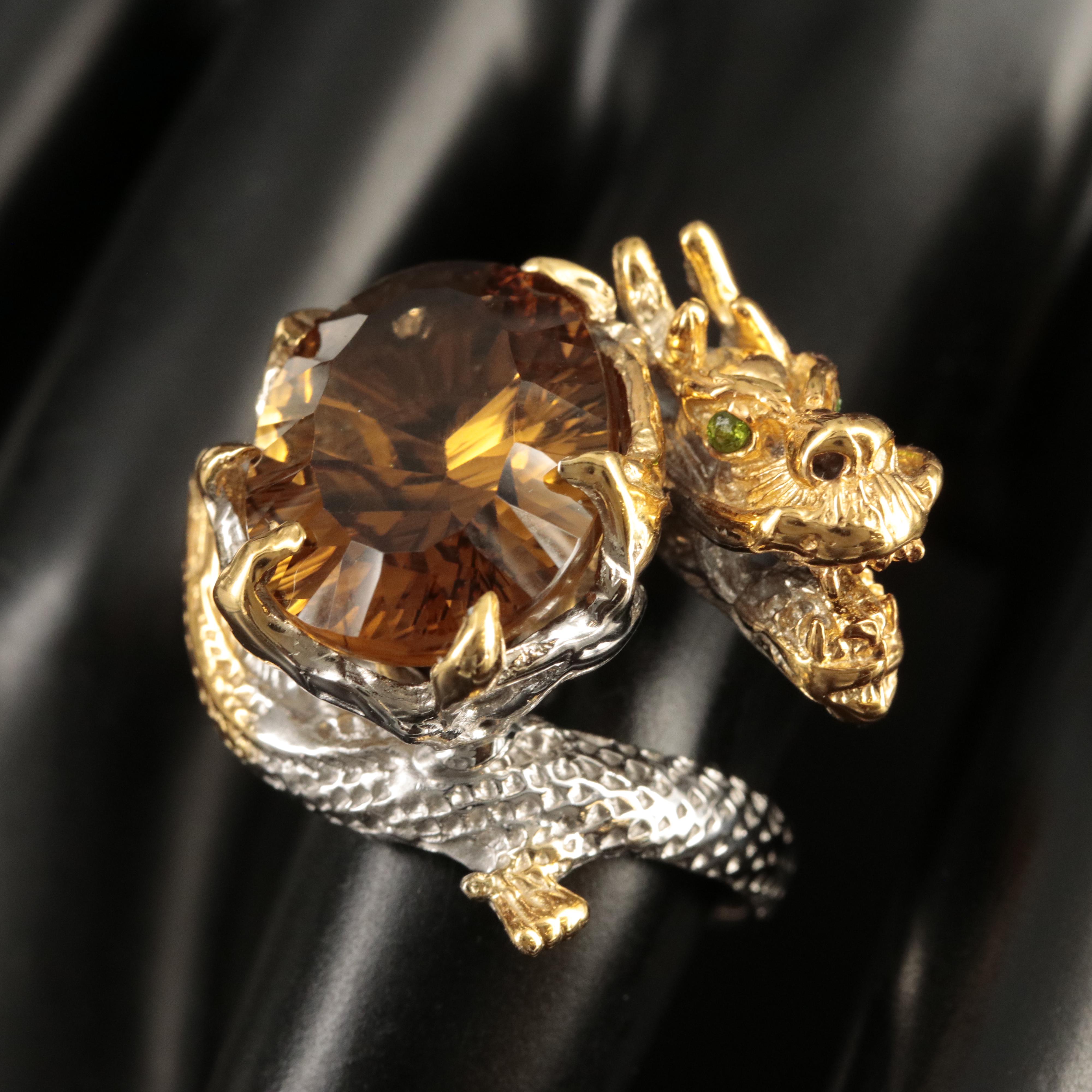 Sterling Citrine and Diopside Coiled Dragon Ring