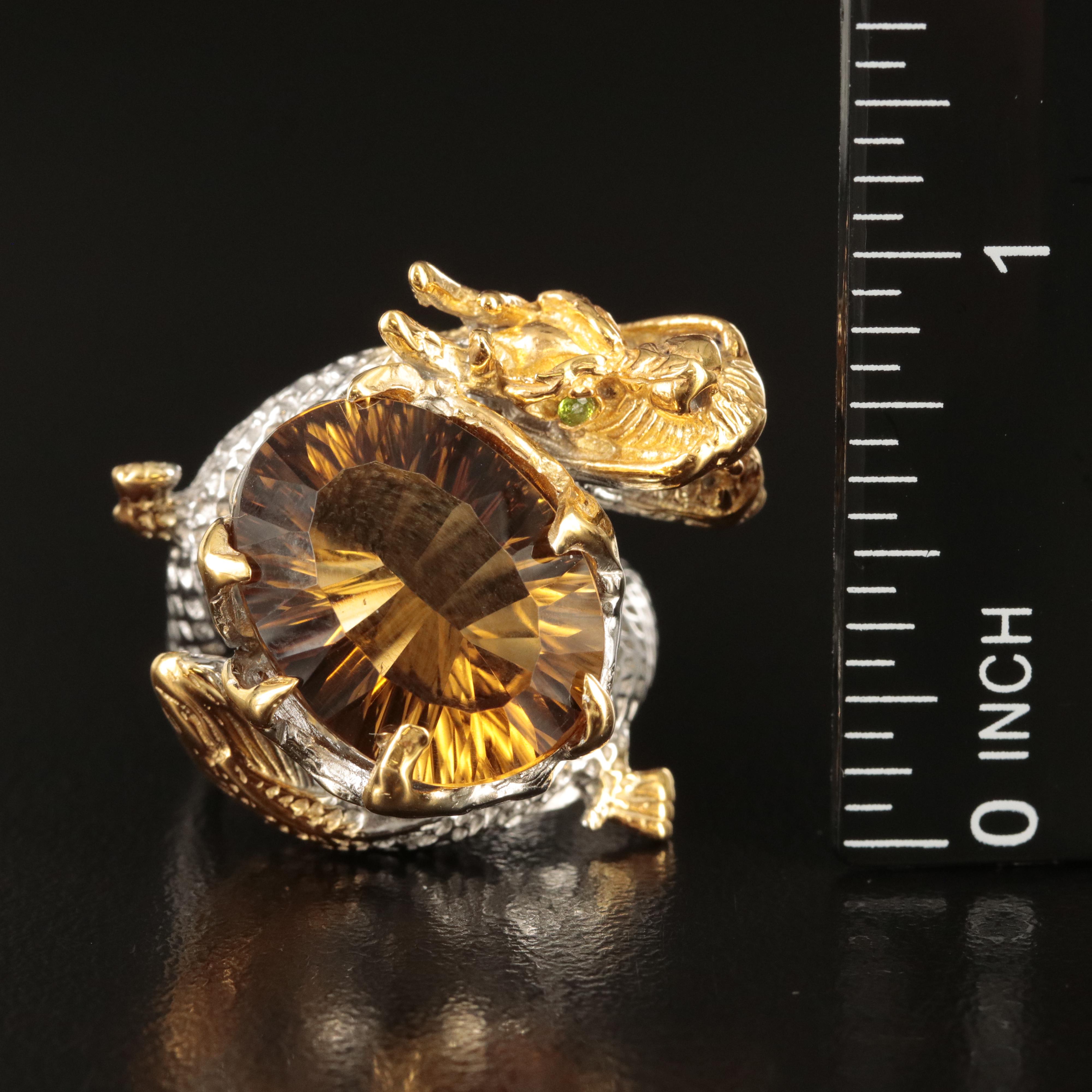 Sterling Citrine and Diopside Coiled Dragon Ring