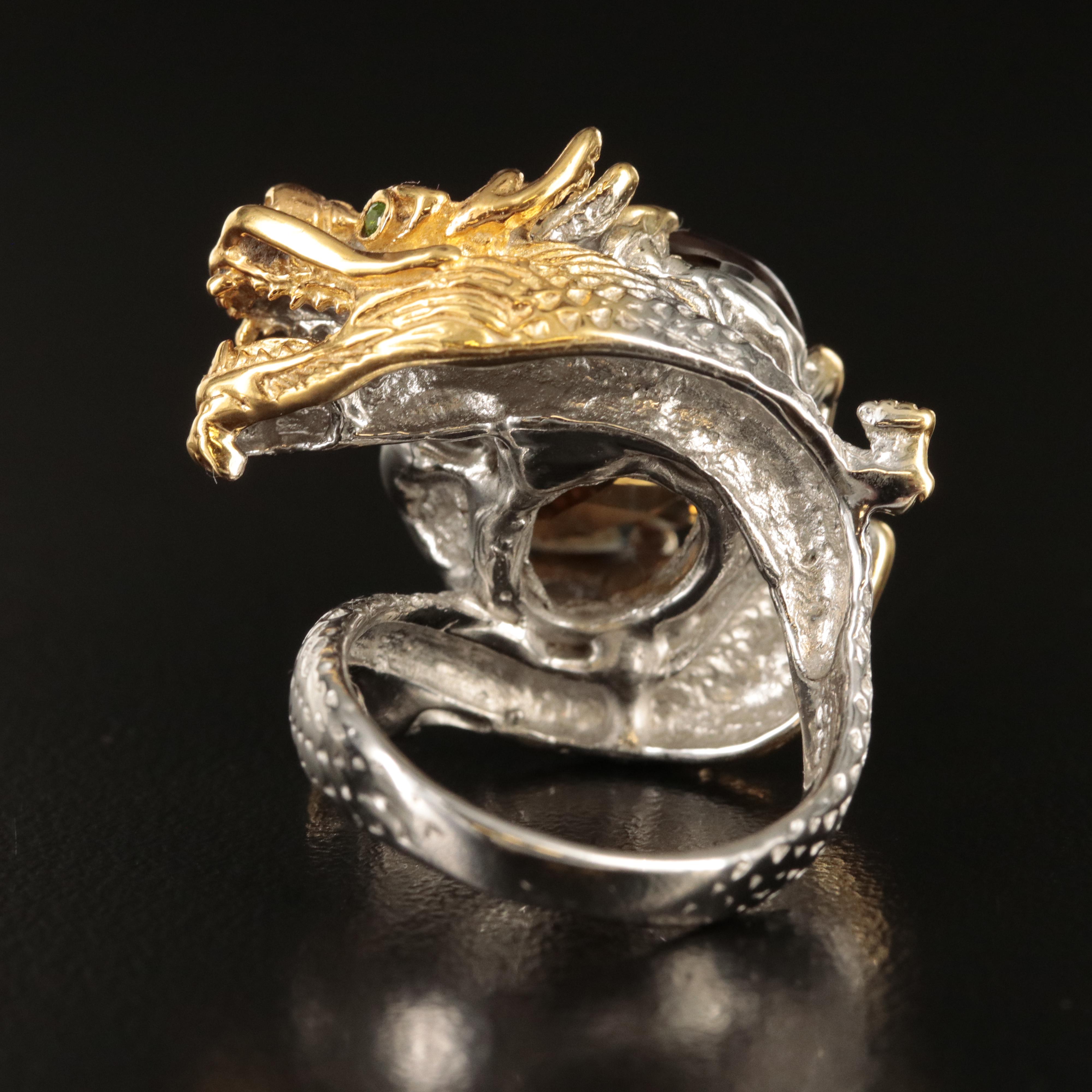 Sterling Citrine and Diopside Coiled Dragon Ring