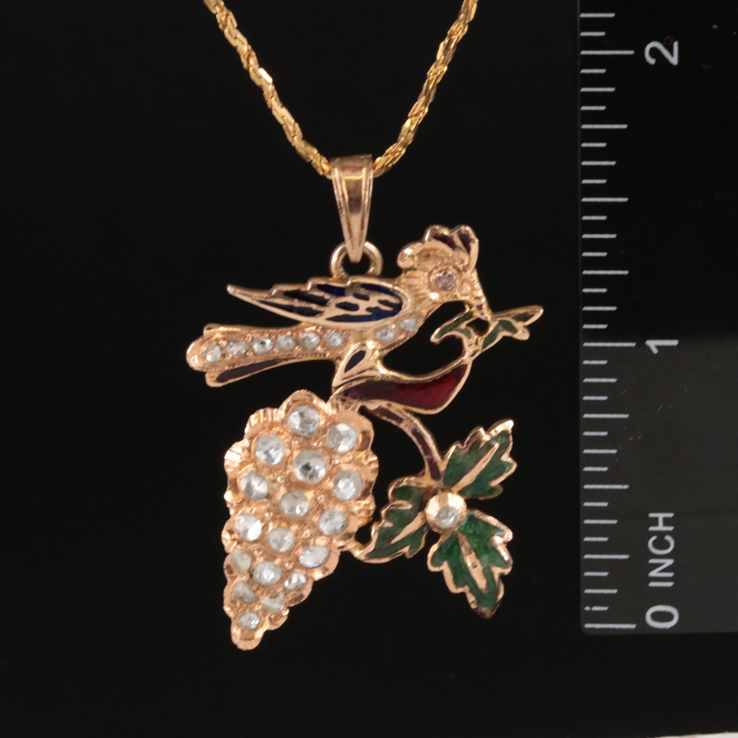 14K Diamond and Enamel Bird and Grape Cluster Pendant Necklace