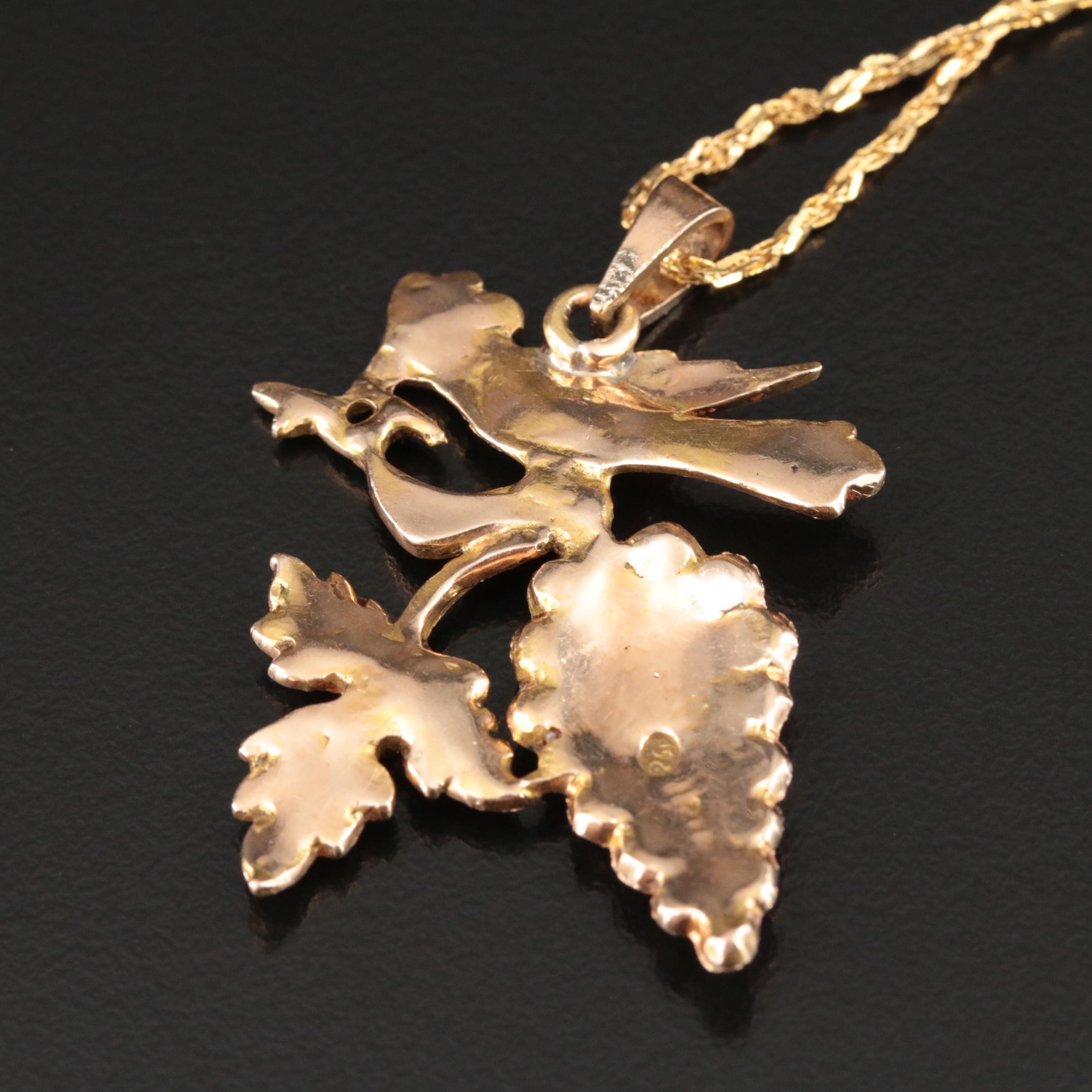 14K Diamond and Enamel Bird and Grape Cluster Pendant Necklace
