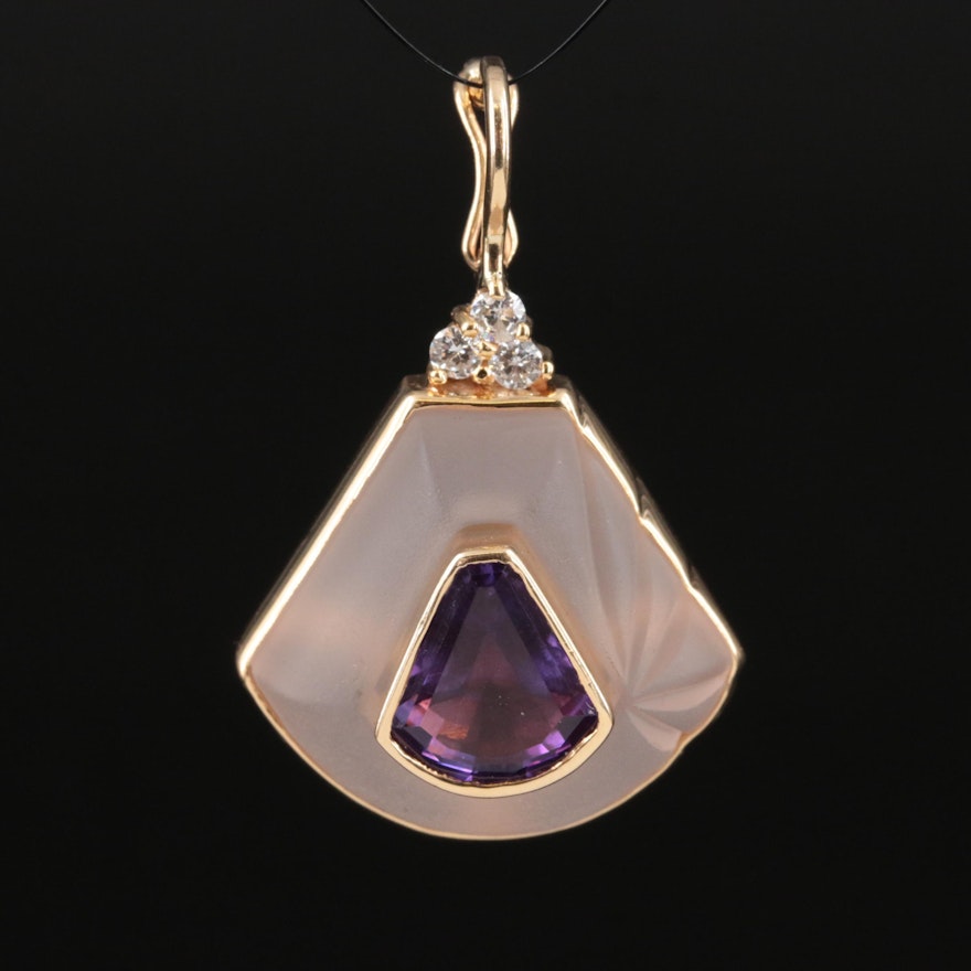 14K Rock Crystal Quartz, Amethyst and Diamond Enhancer Pendant