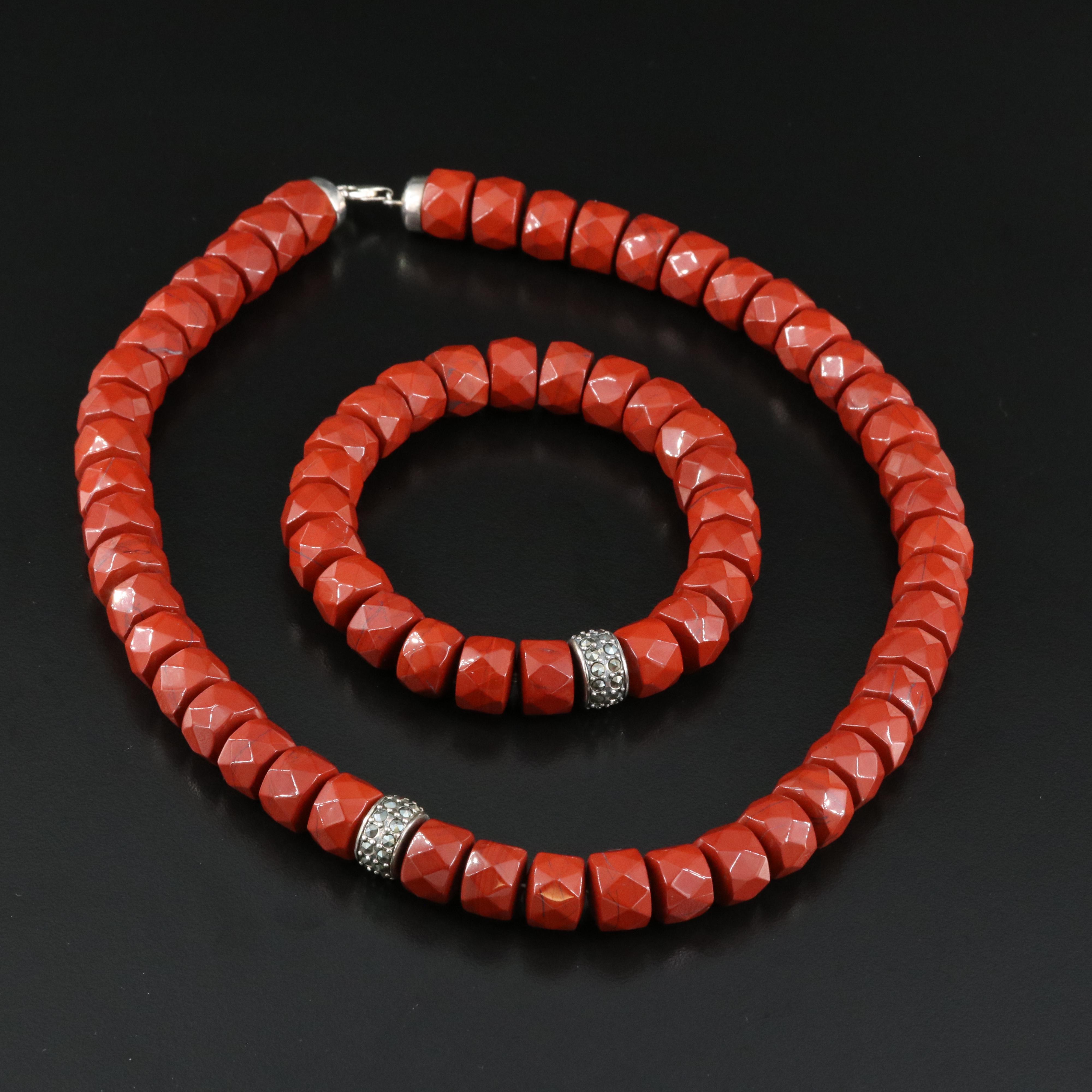 Sterling Jasper and Marcasite Necklace and Bracelet