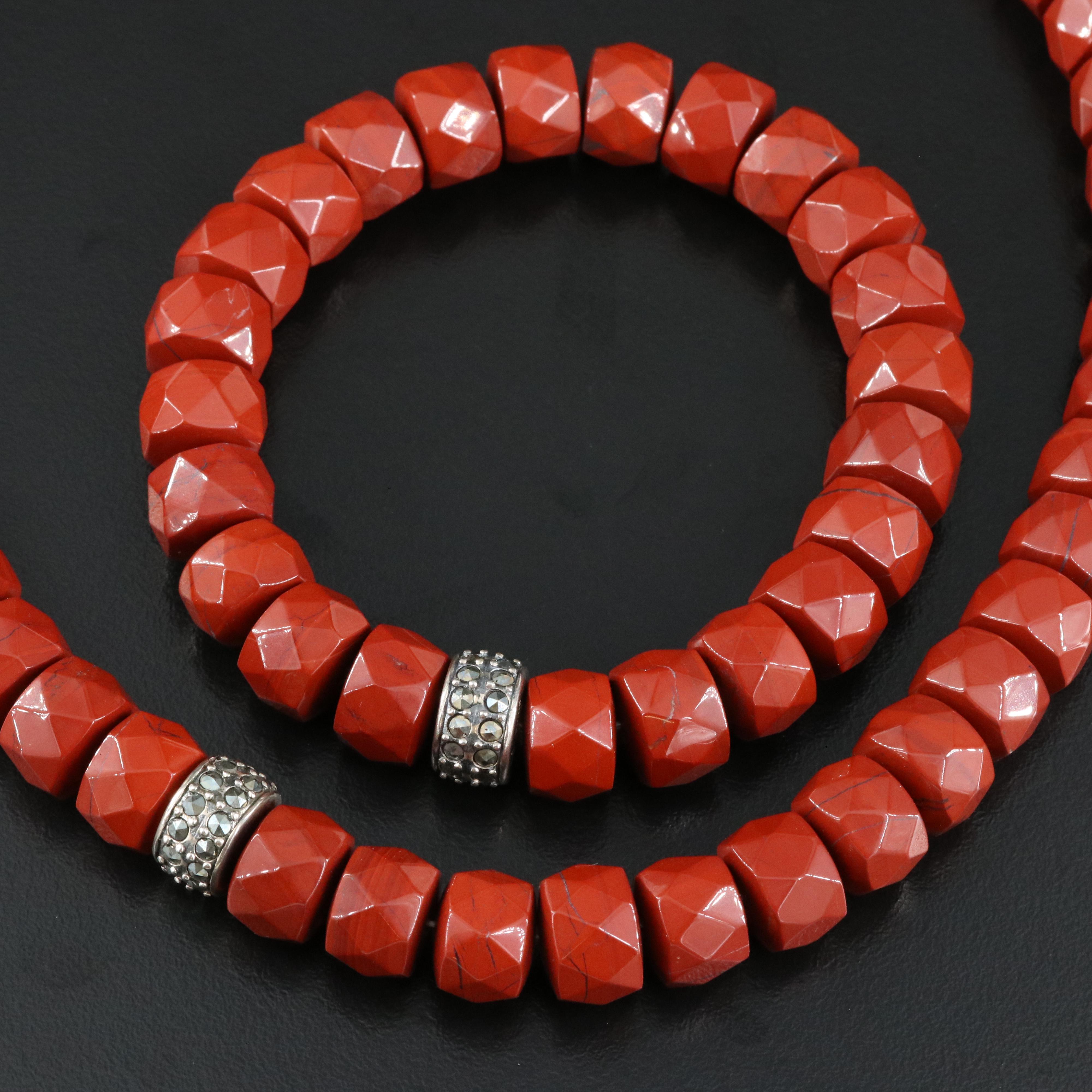 Sterling Jasper and Marcasite Necklace and Bracelet