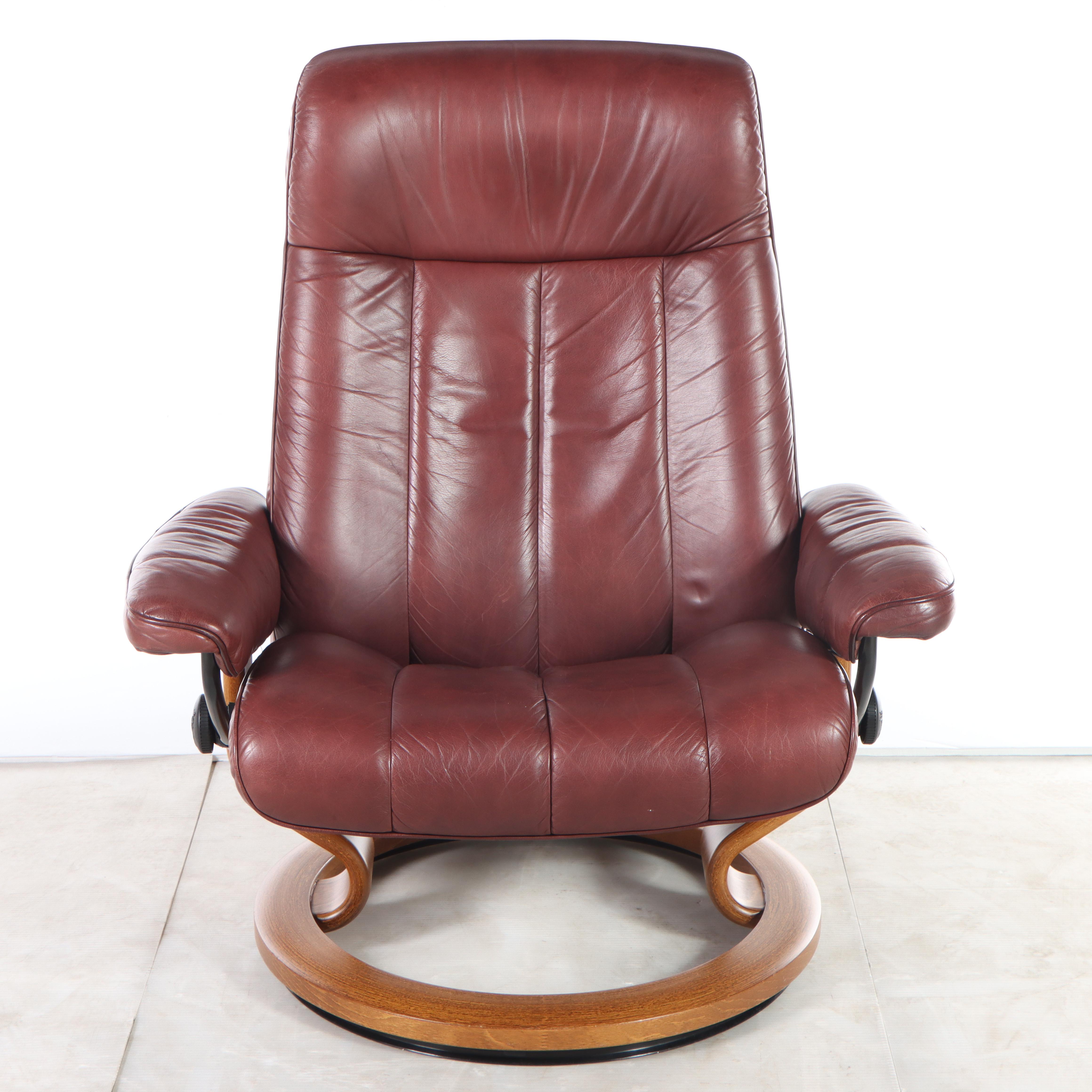 Ekornes "Stressless" Leather Upholstered Bentwood Recliner and Ottoman