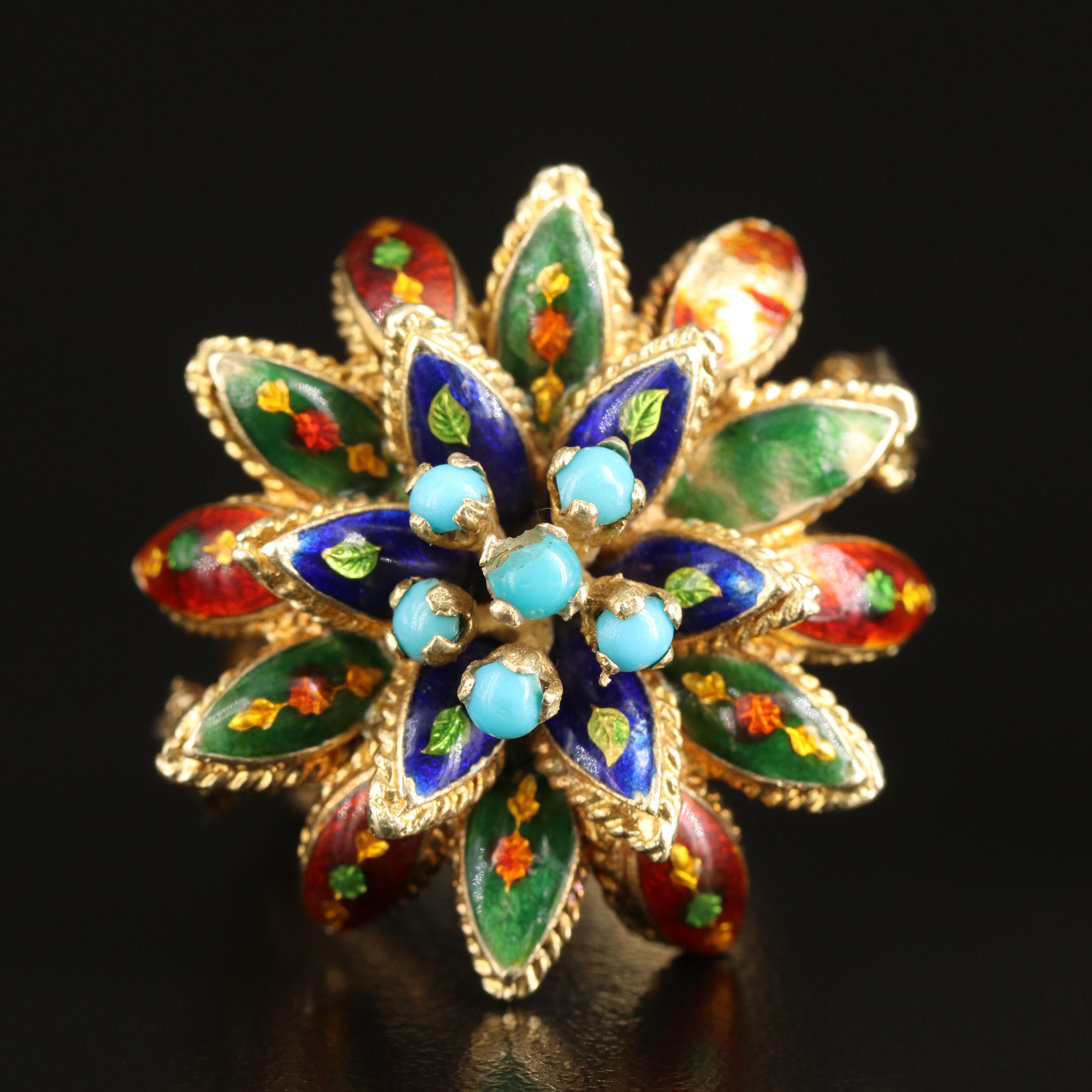 Vintage 14K Turquoise and Enamel Dahlia Ring