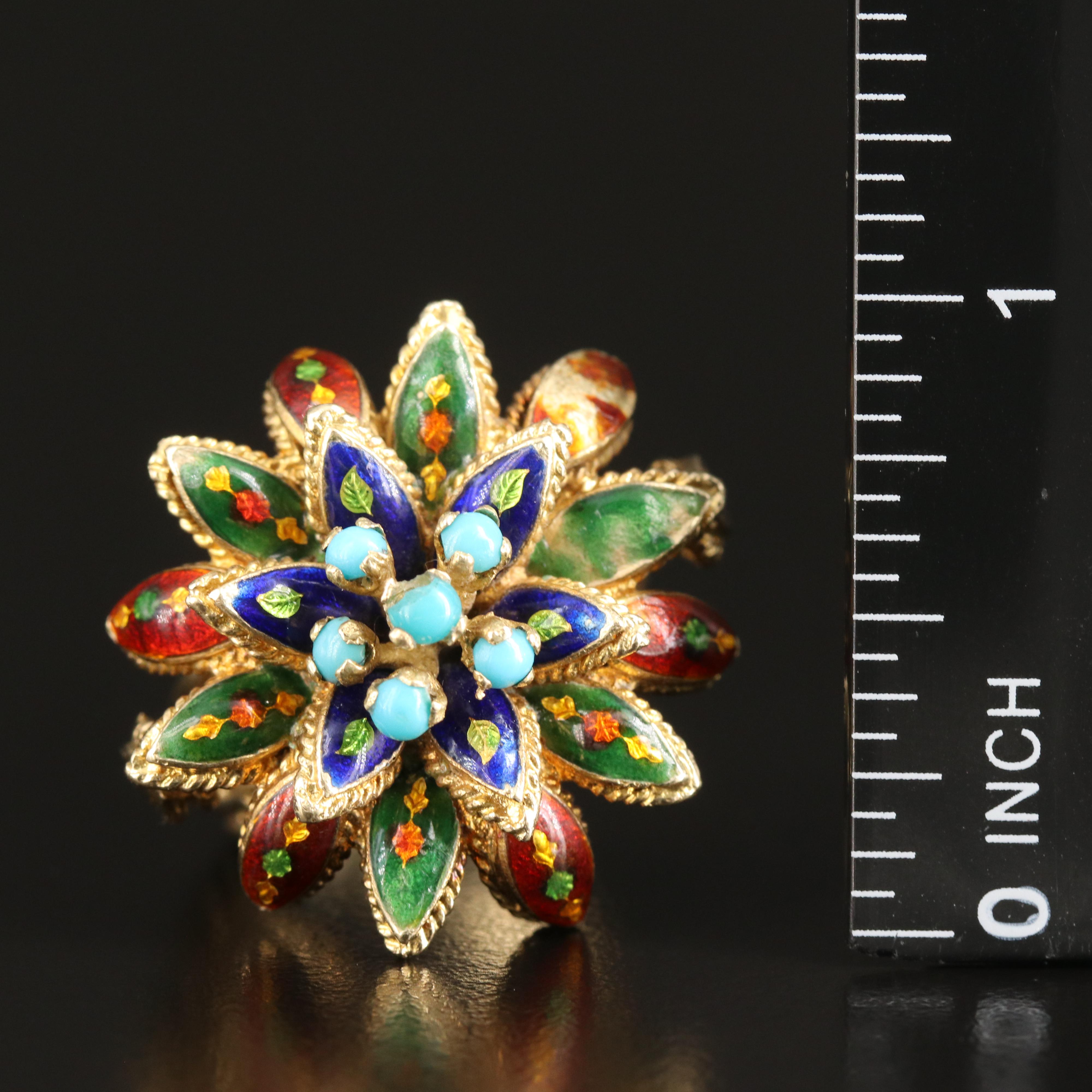 Vintage 14K Turquoise and Enamel Dahlia Ring