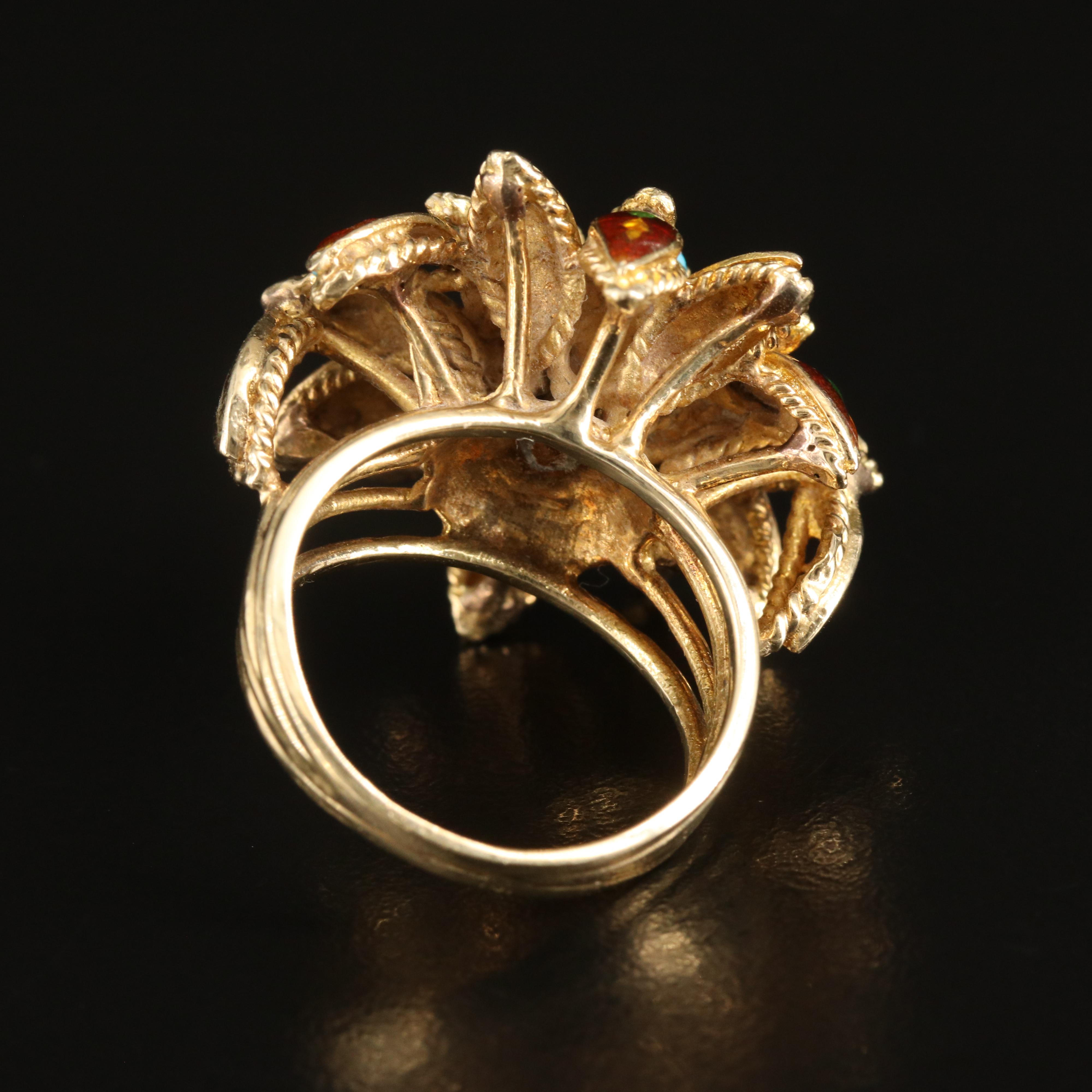 Vintage 14K Turquoise and Enamel Dahlia Ring