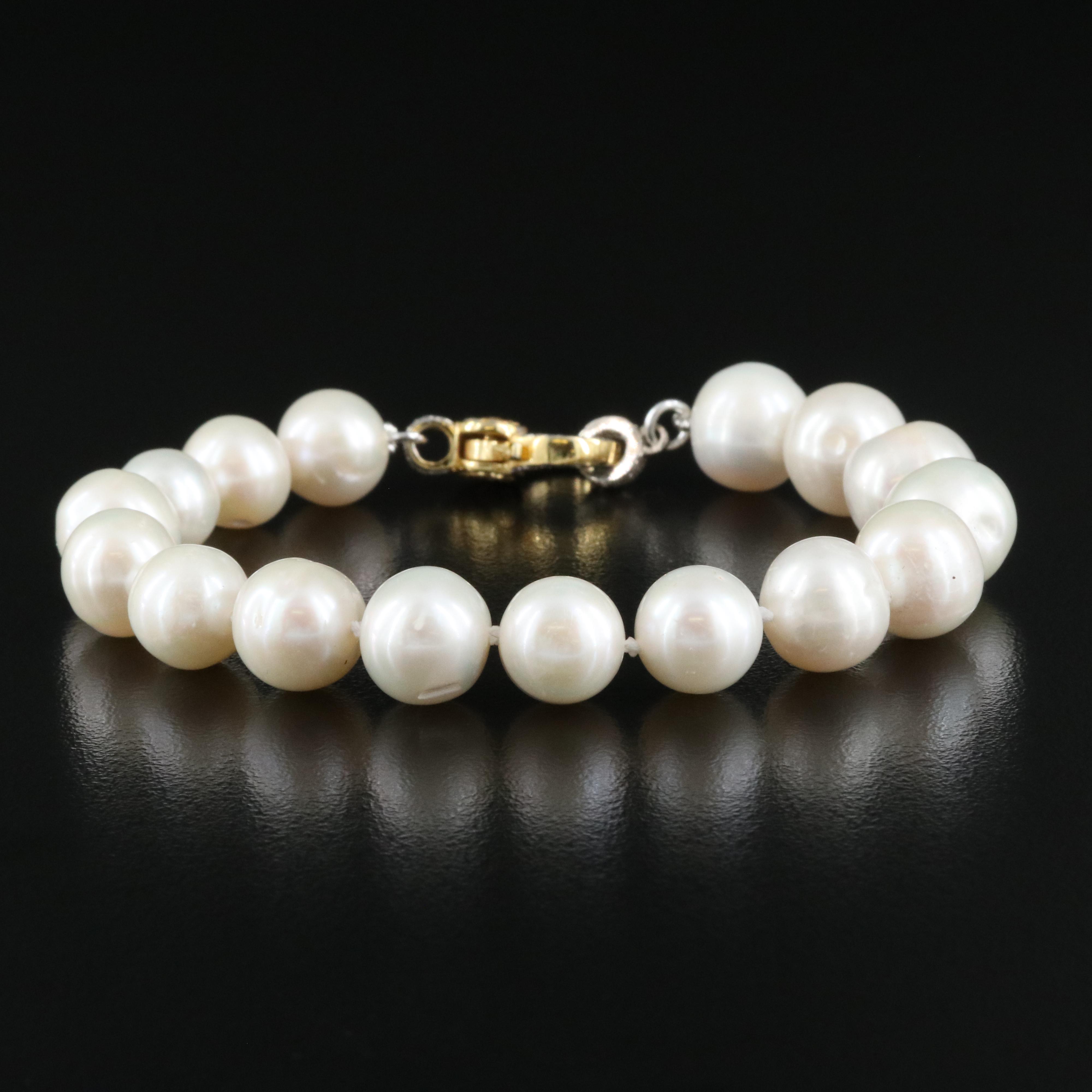 Pearl Bracelet with Sterling and Diamond Clasp