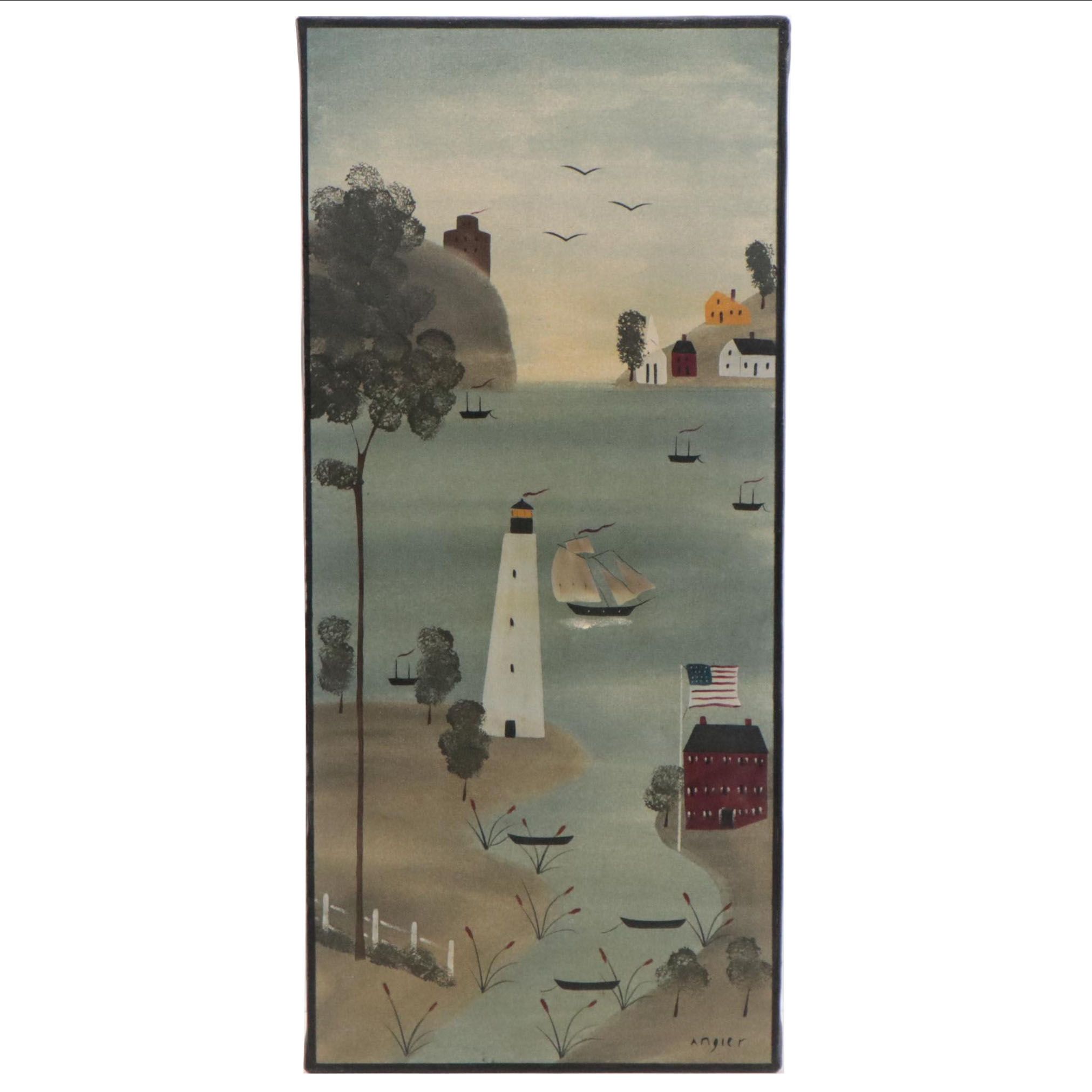 Hope Angier Folk Art Coastal Oil Painting