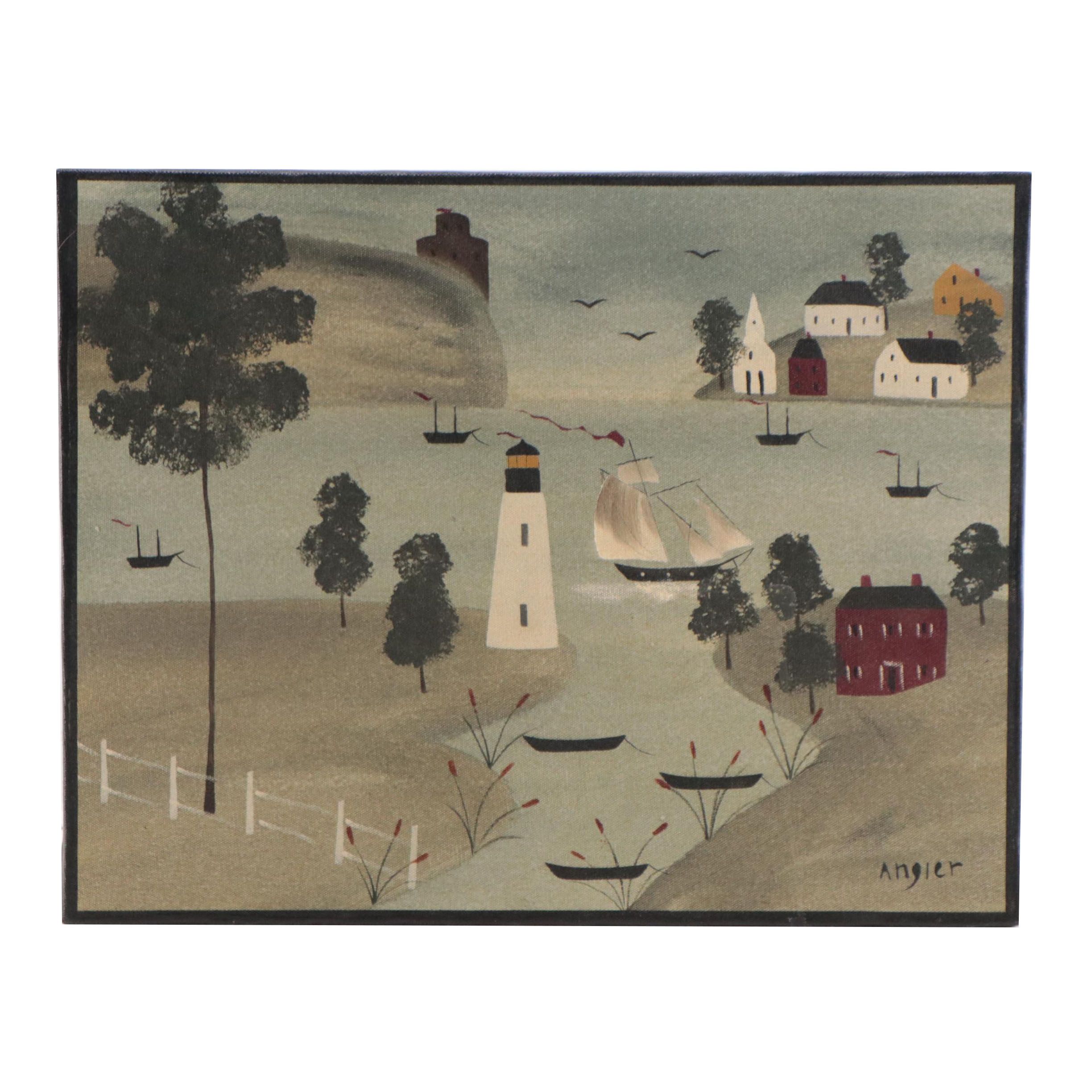 Hope Angier Folk Art Coastal Oil Painting