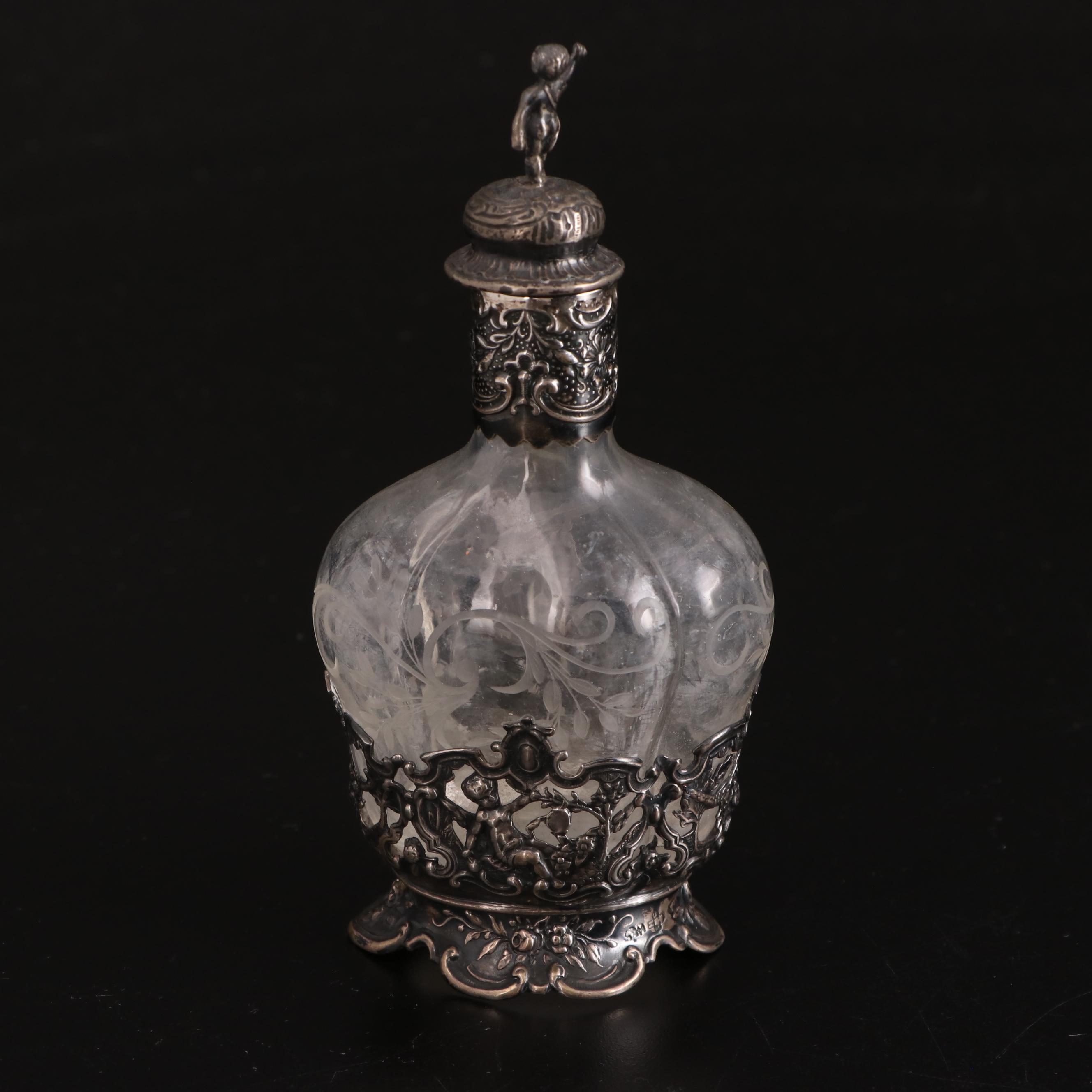 Silver Mounted Etched Glass Decanter with Condiment Spoons and Other Décor