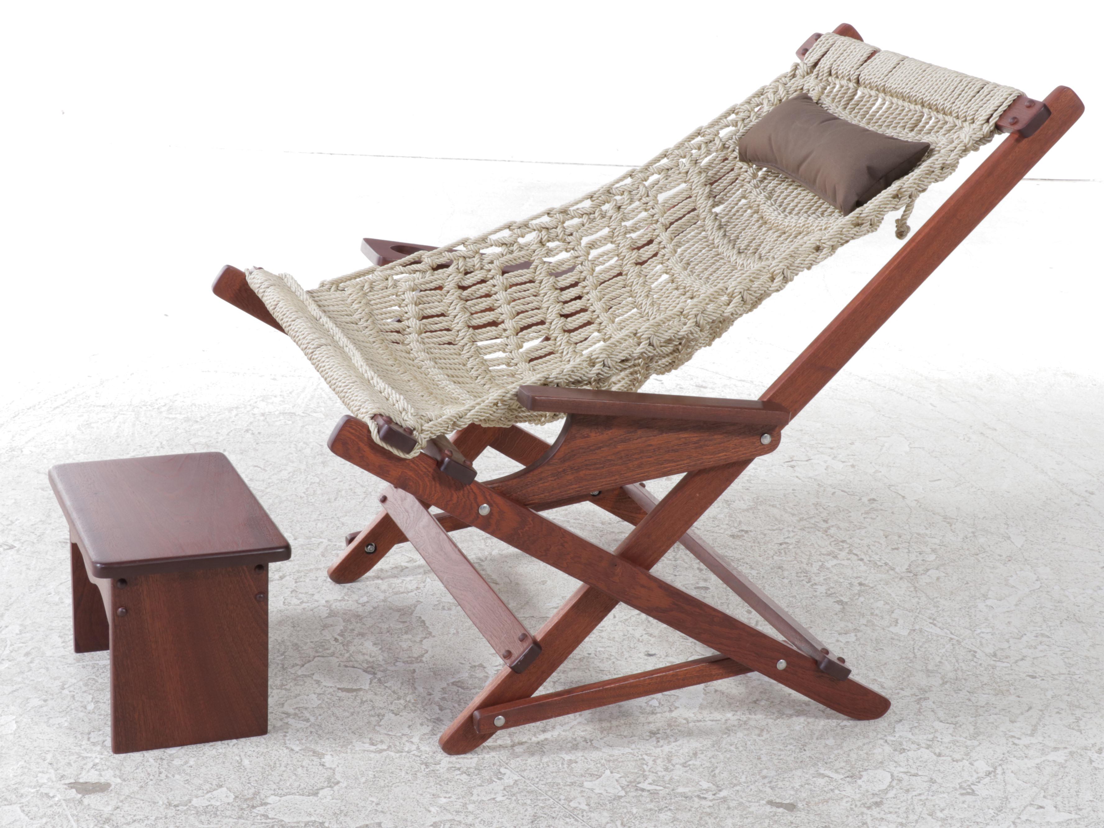 Oak and Rope Design Mahogany Rocking Lounge Chair with Footstool