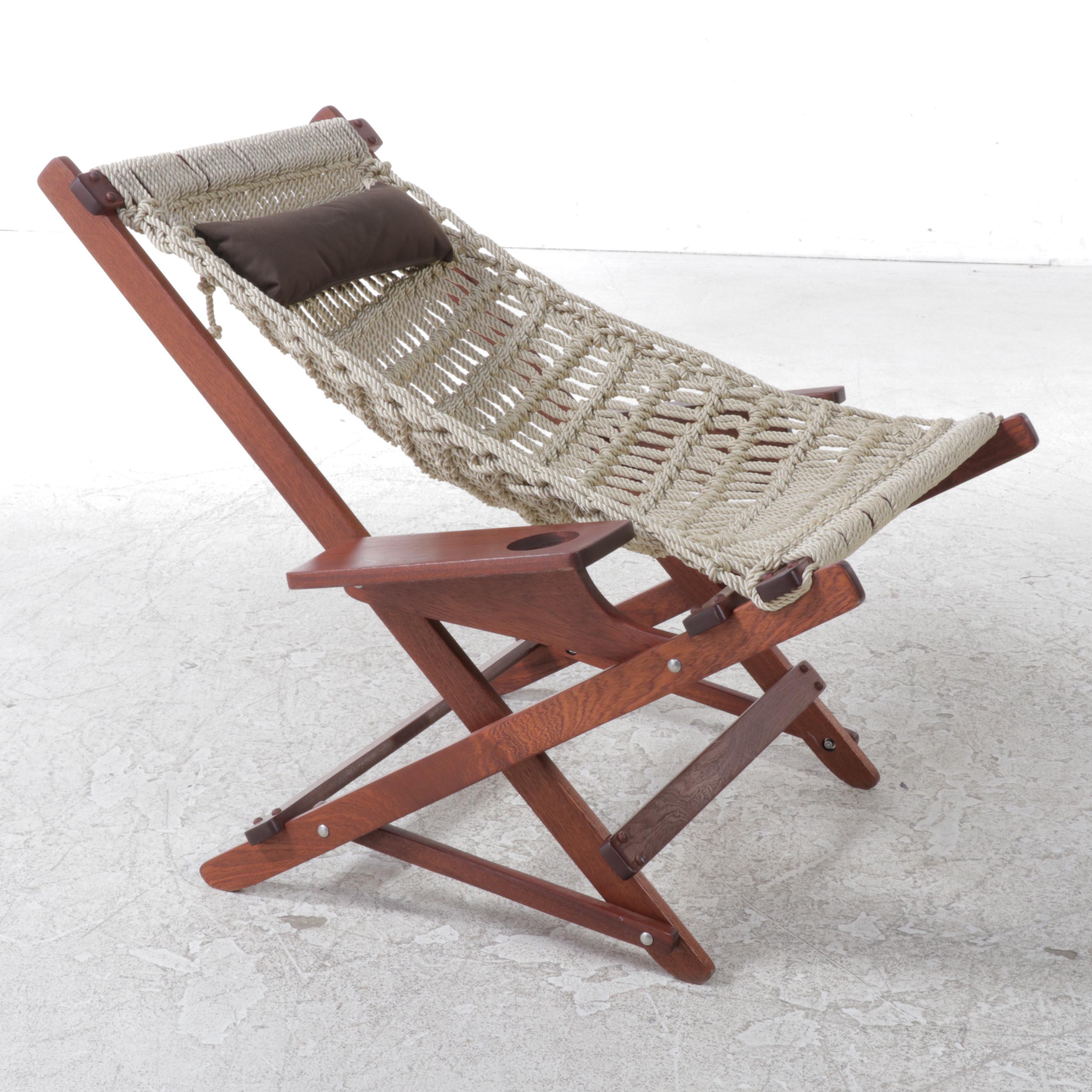 Oak and Rope Design Mahogany Rocking Lounge Chair with Footstool