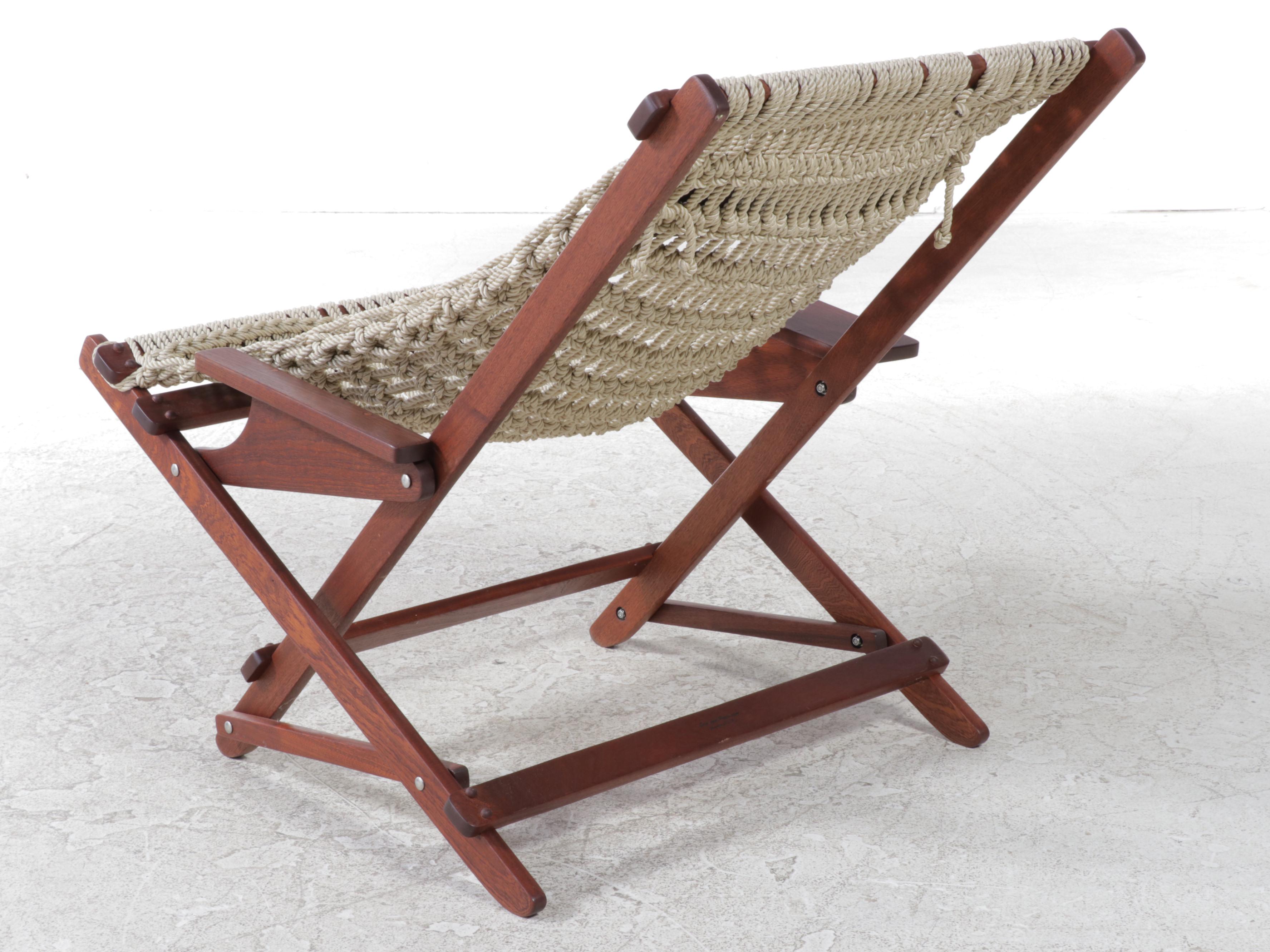 Oak and Rope Design Mahogany Rocking Lounge Chair with Footstool