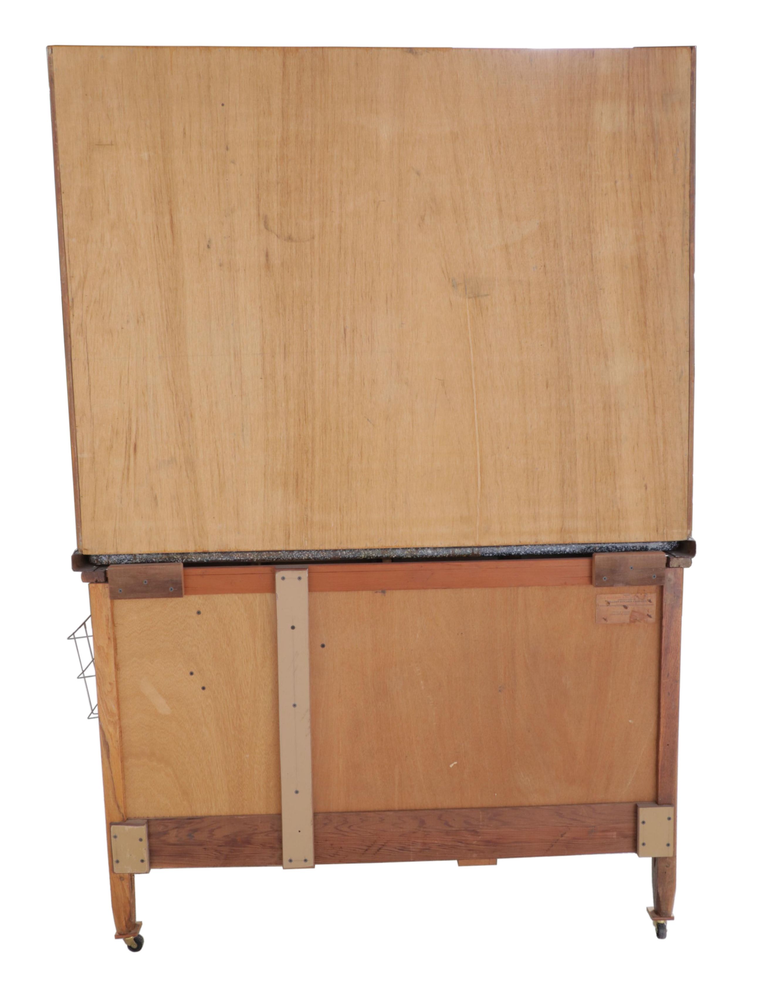 Sellers Oak and Enamel Work Top Hoosier Style Kitchen Cabinet, circa 1940