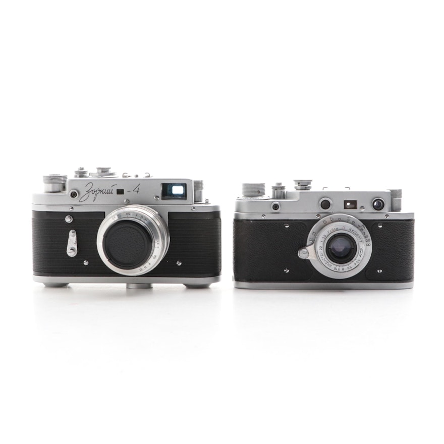 Zorki Soviet Union Model 4 and Model C Rangefinder Cameras, Mid-20th Century