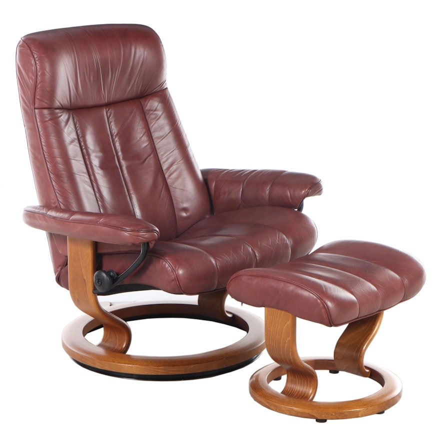 Ekornes "Stressless" Leather Upholstered Bentwood Recliner and Ottoman