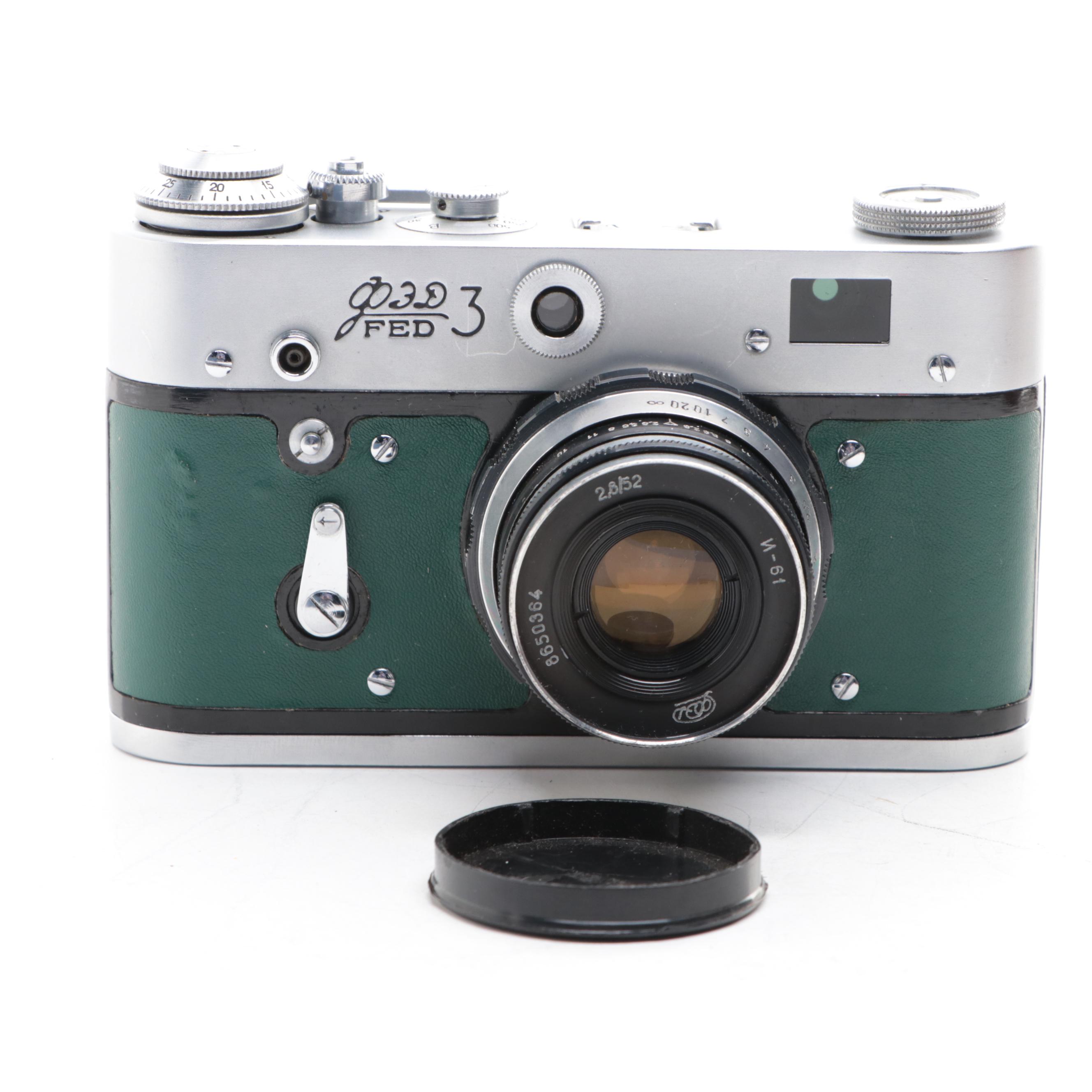 FED Model 3 35 mm Rangefinder Camera with Leather Case, Mid-20th Century