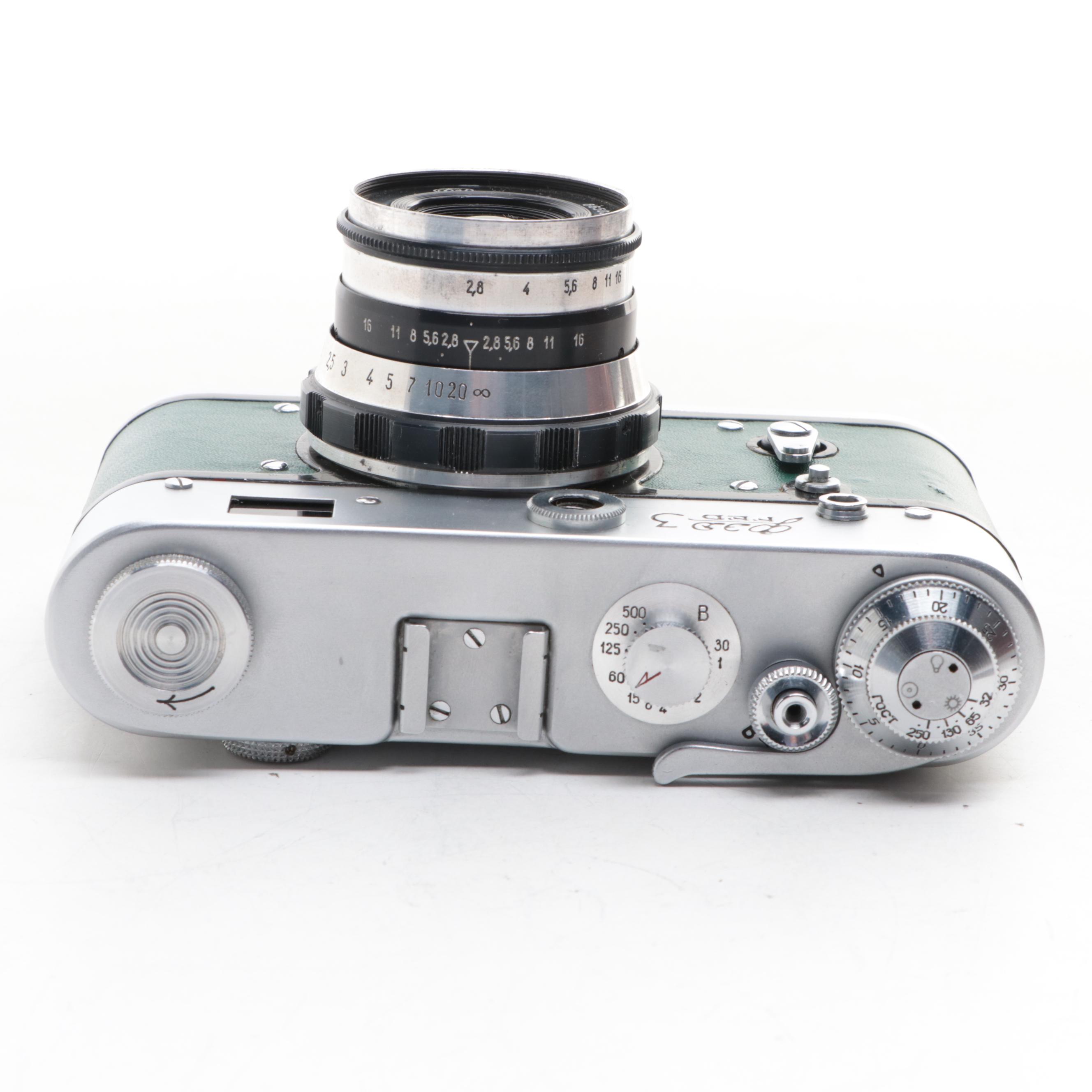 FED Model 3 35 mm Rangefinder Camera with Leather Case, Mid-20th Century