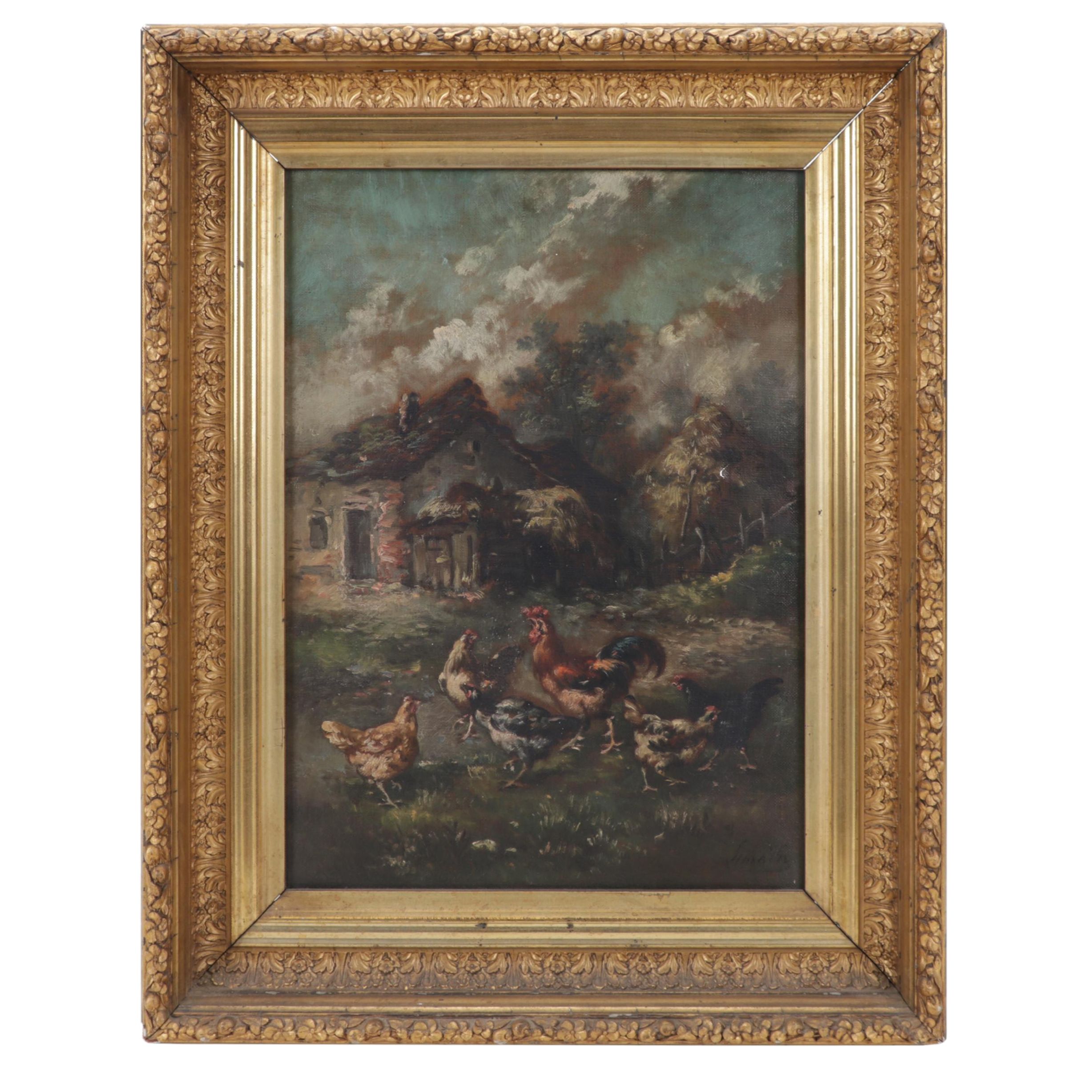 Louis Marie Lemaire Oil Painting of Chickens in Barnyard, Late 19th Century