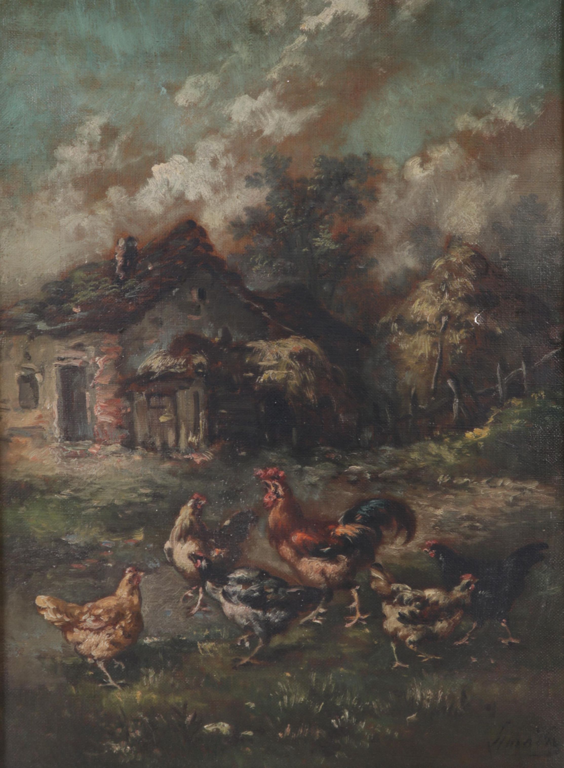 Louis Marie Lemaire Oil Painting of Chickens in Barnyard, Late 19th Century