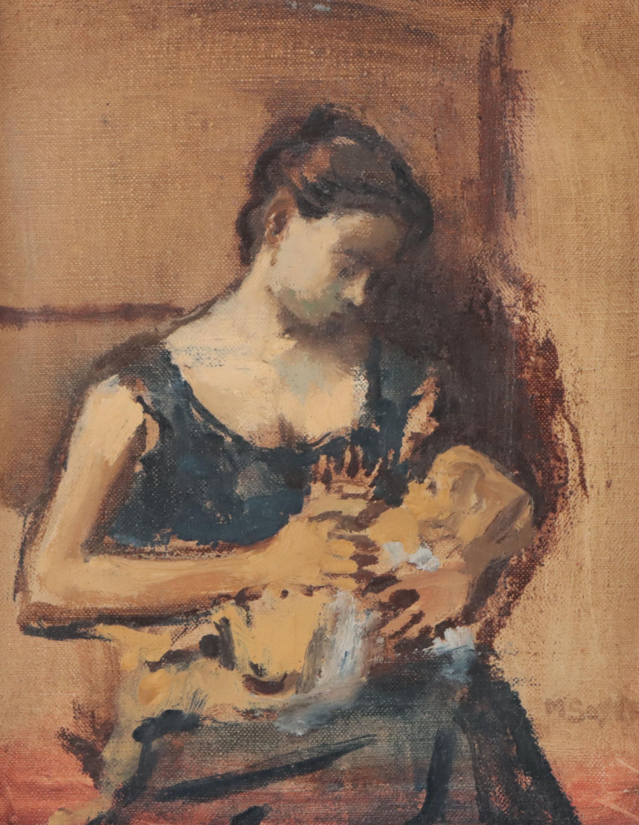 Moses Soyer Oil Painting of Mother and Child, Circa 1960