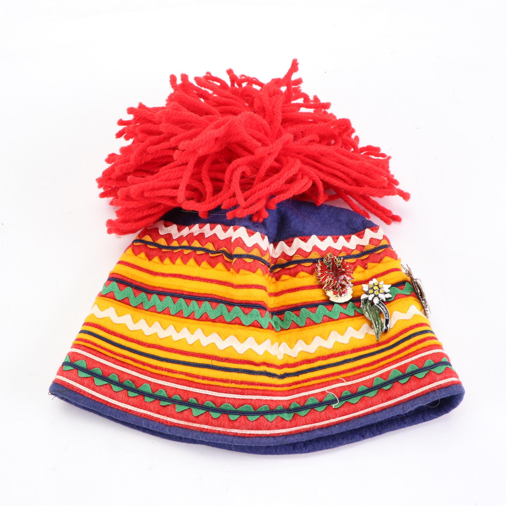 Sámi Style Felt Hat Embellished with Ribbons and Enamel Souvenir Pins