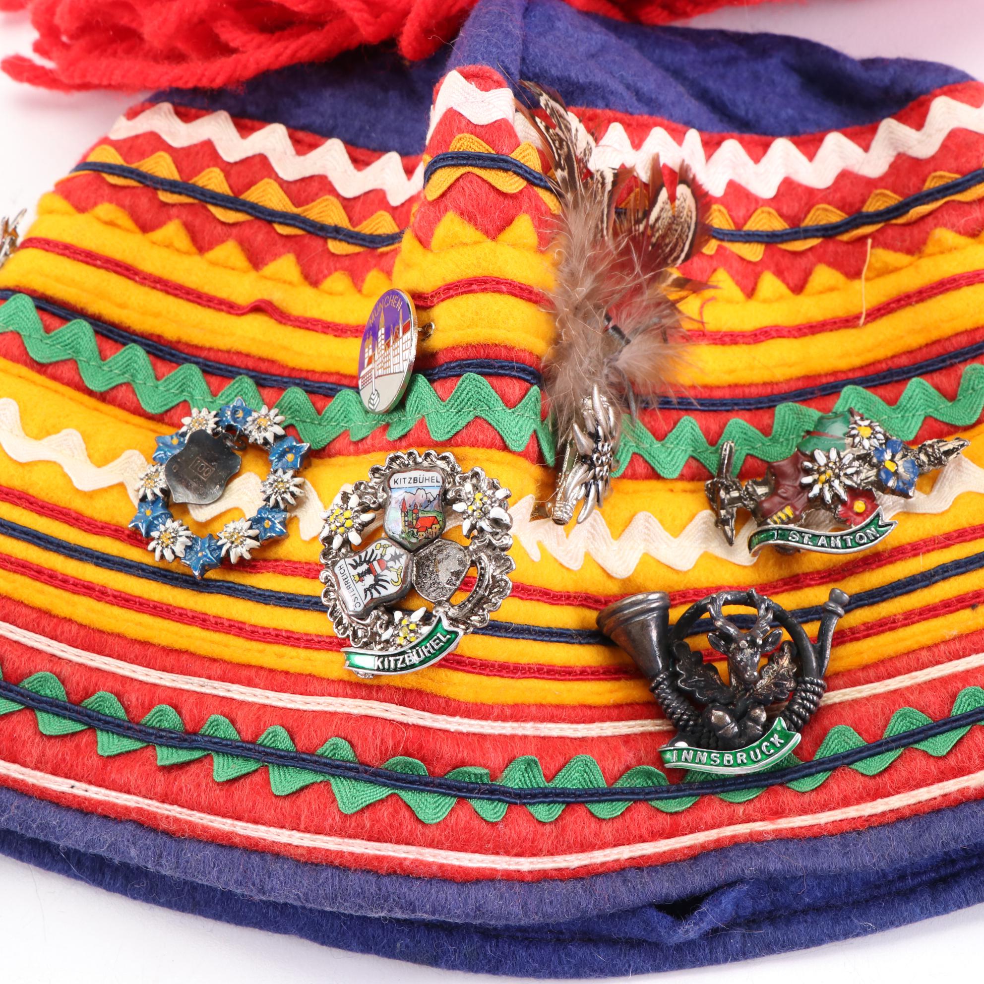 Sámi Style Felt Hat Embellished with Ribbons and Enamel Souvenir Pins