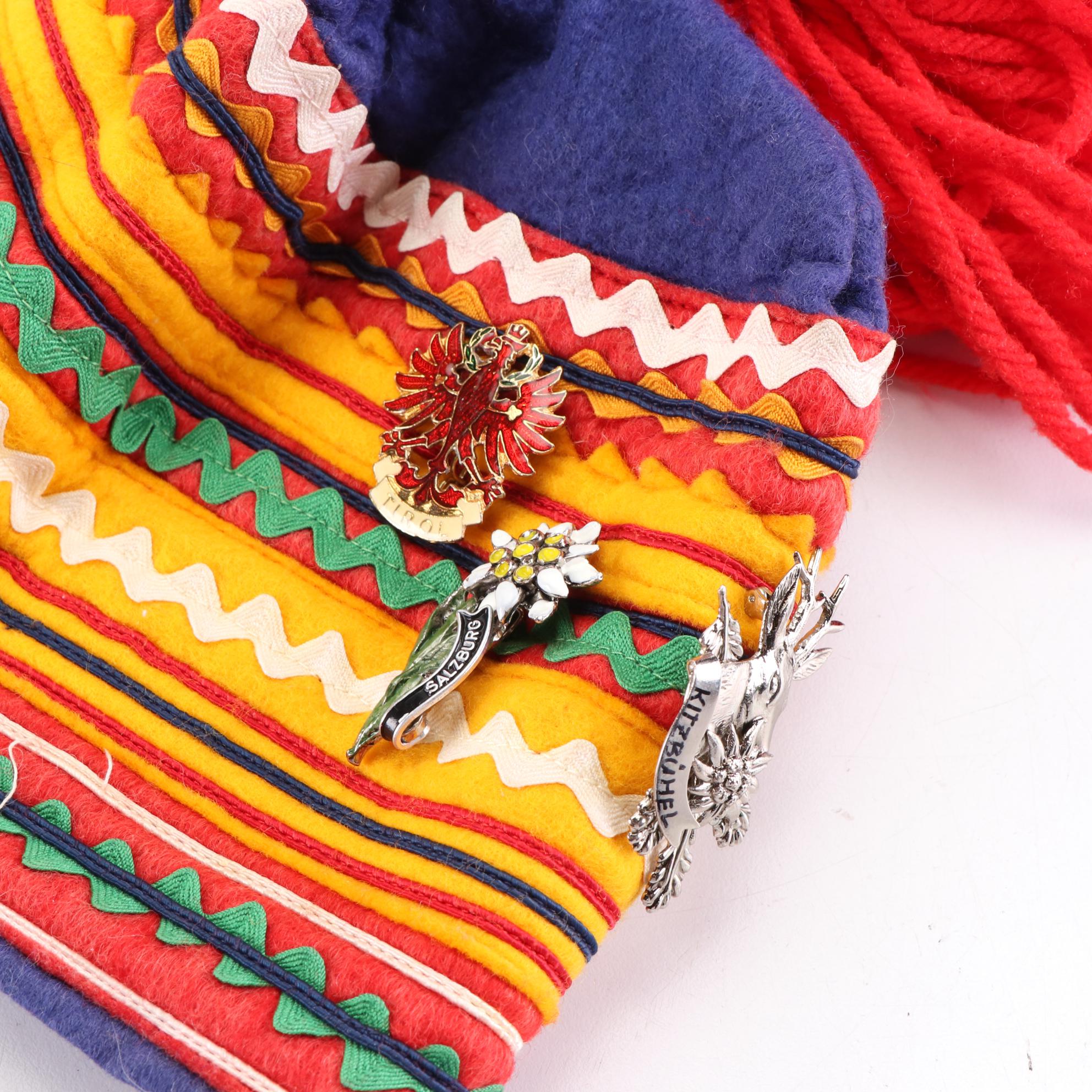 Sámi Style Felt Hat Embellished with Ribbons and Enamel Souvenir Pins