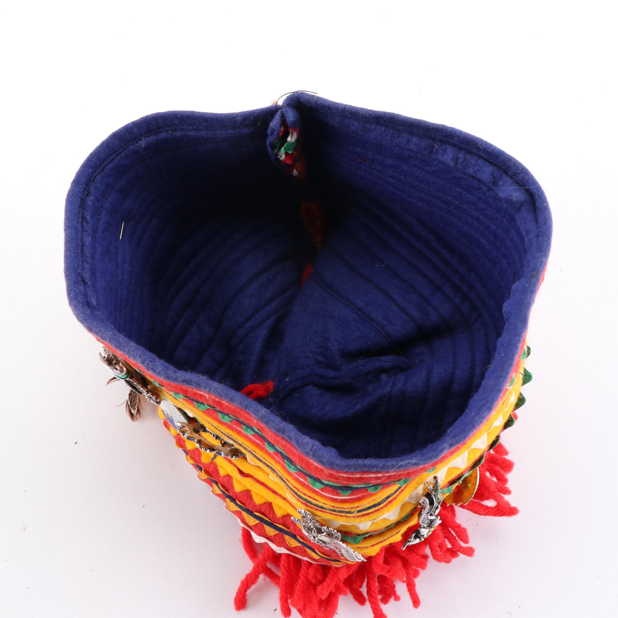 Sámi Style Felt Hat Embellished with Ribbons and Enamel Souvenir Pins