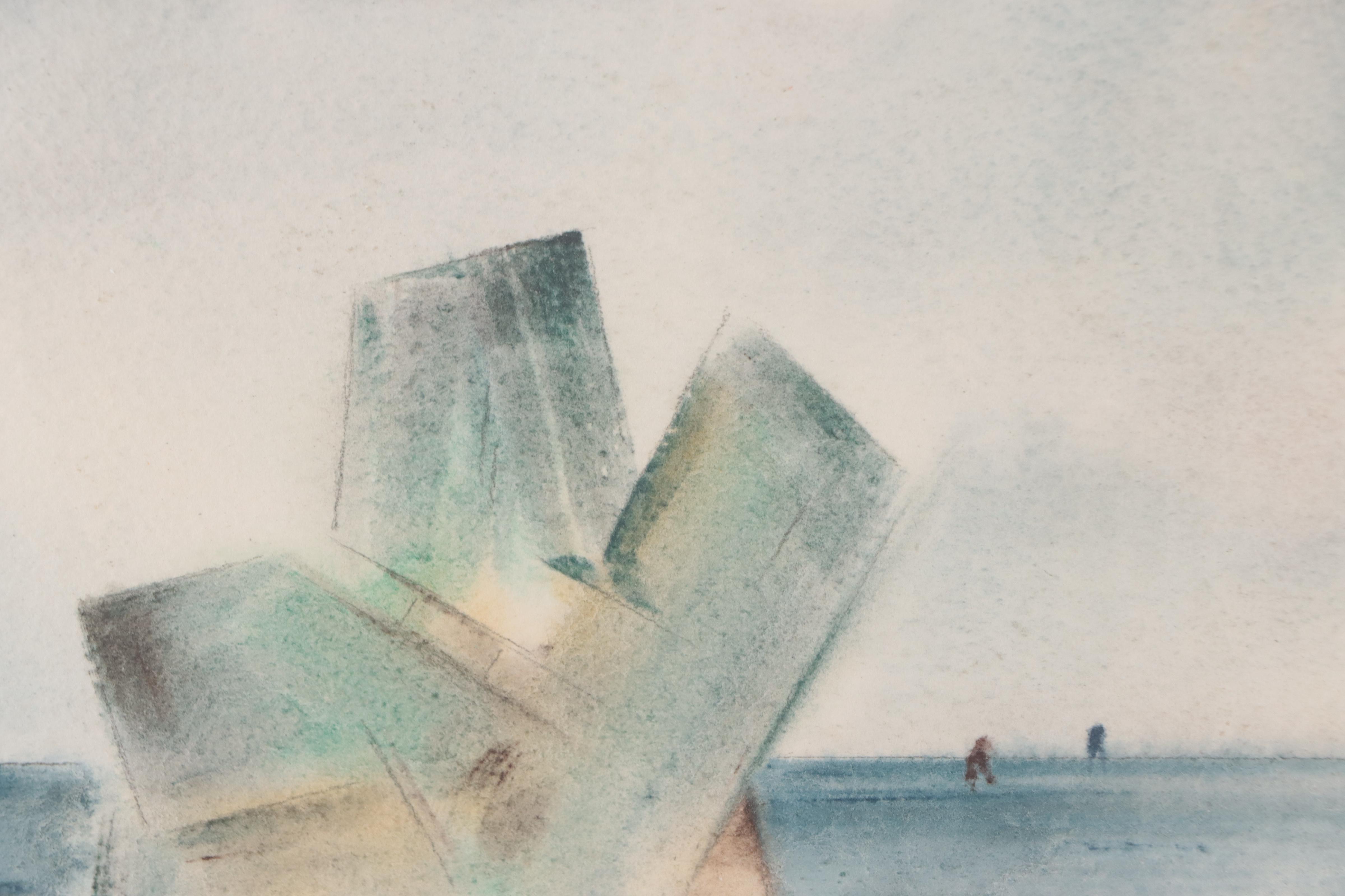 Yngve H. Olsen Double-Sided Watercolor Painting of Beach Scene