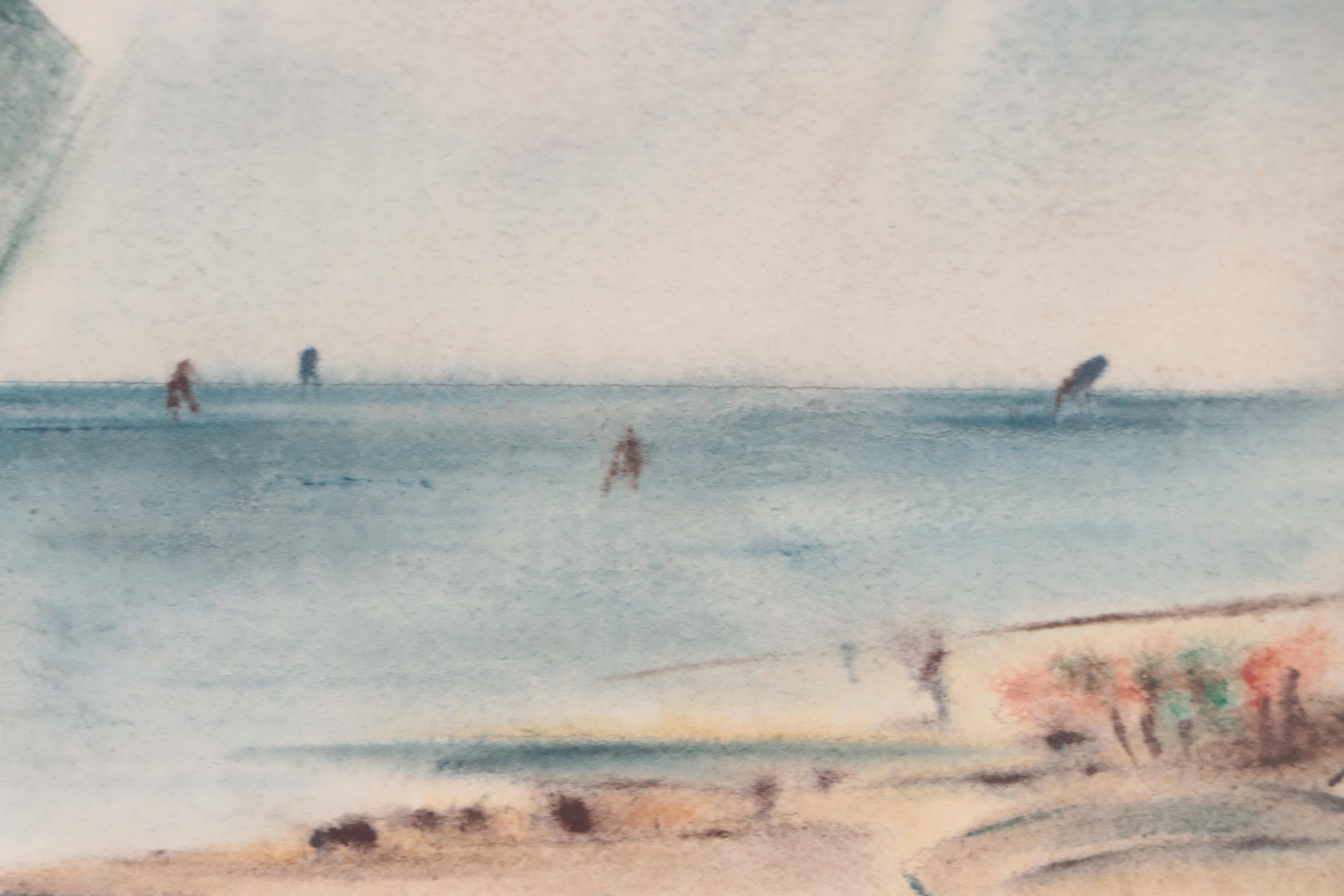 Yngve H. Olsen Double-Sided Watercolor Painting of Beach Scene