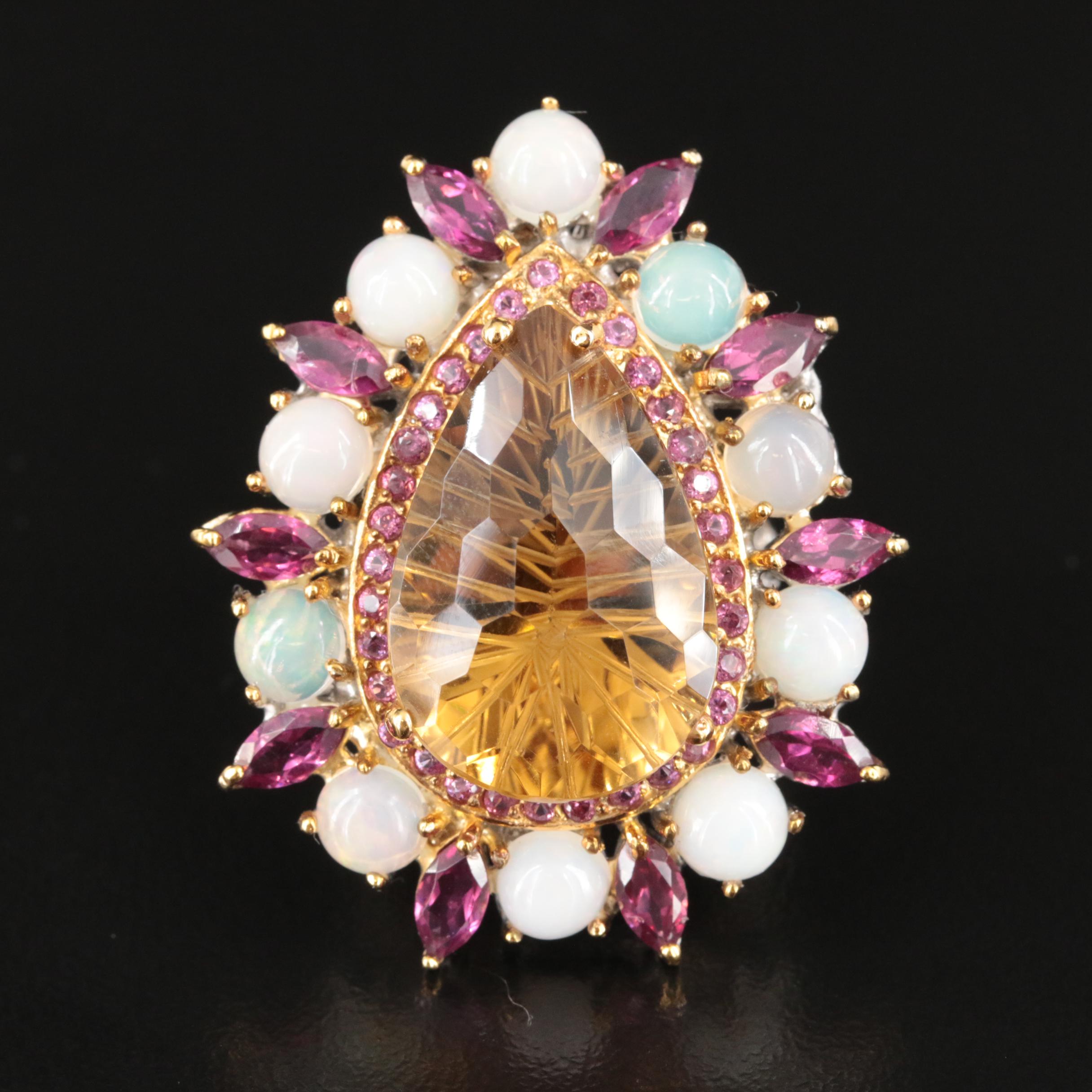 Sterling Citrine, Garnet and Opal Ring