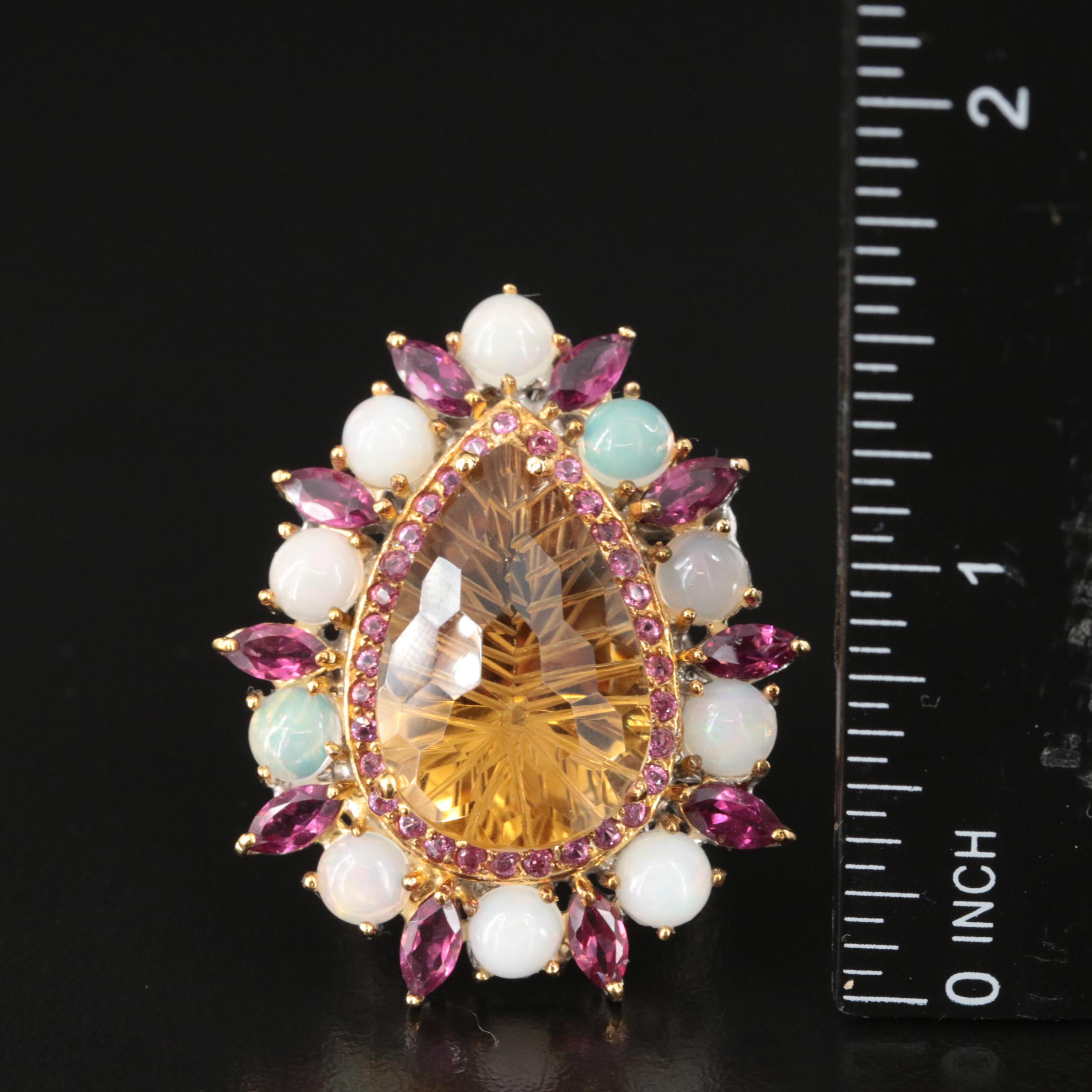 Sterling Citrine, Garnet and Opal Ring