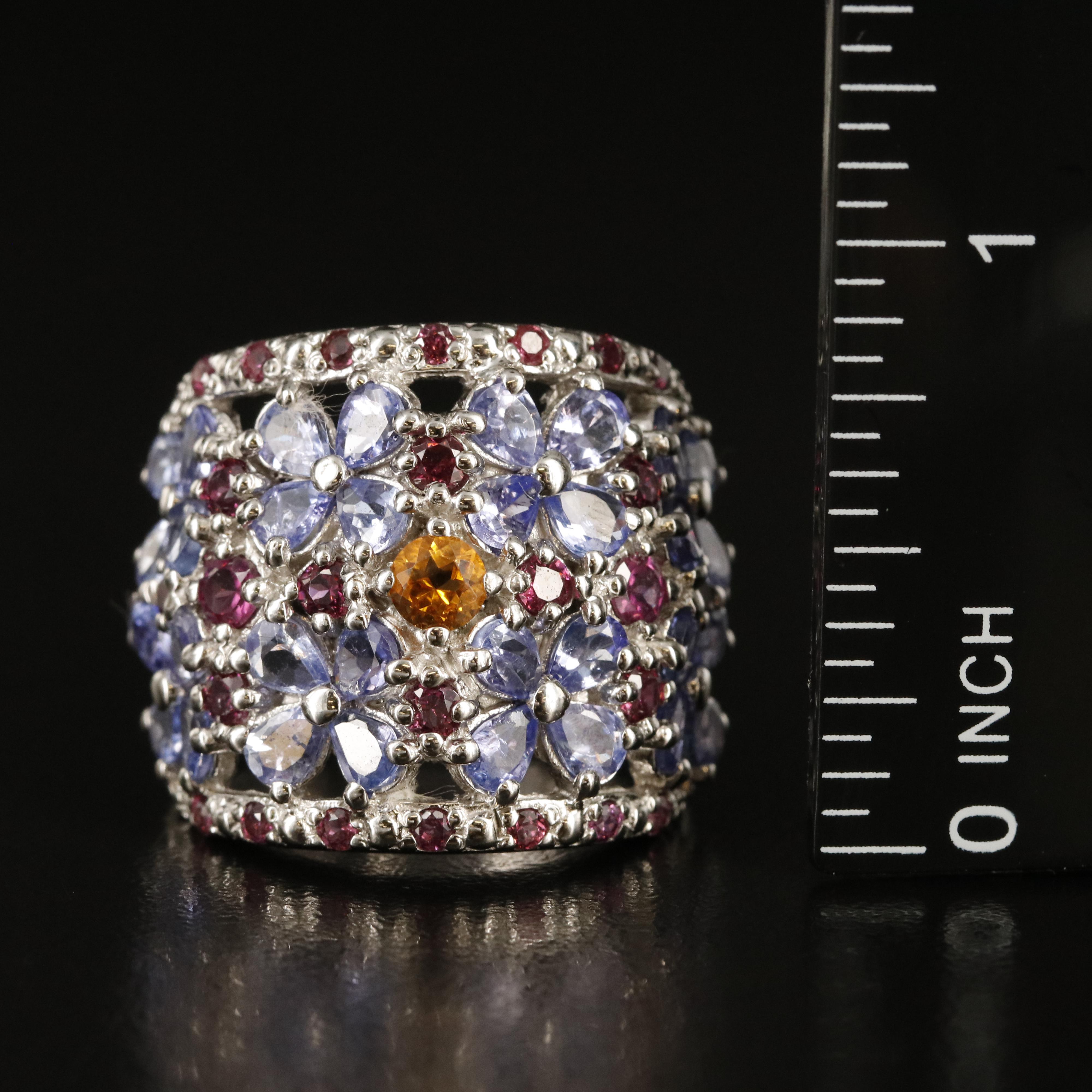Sterling Citrine, Tanzanite and Garnet Floral Ring