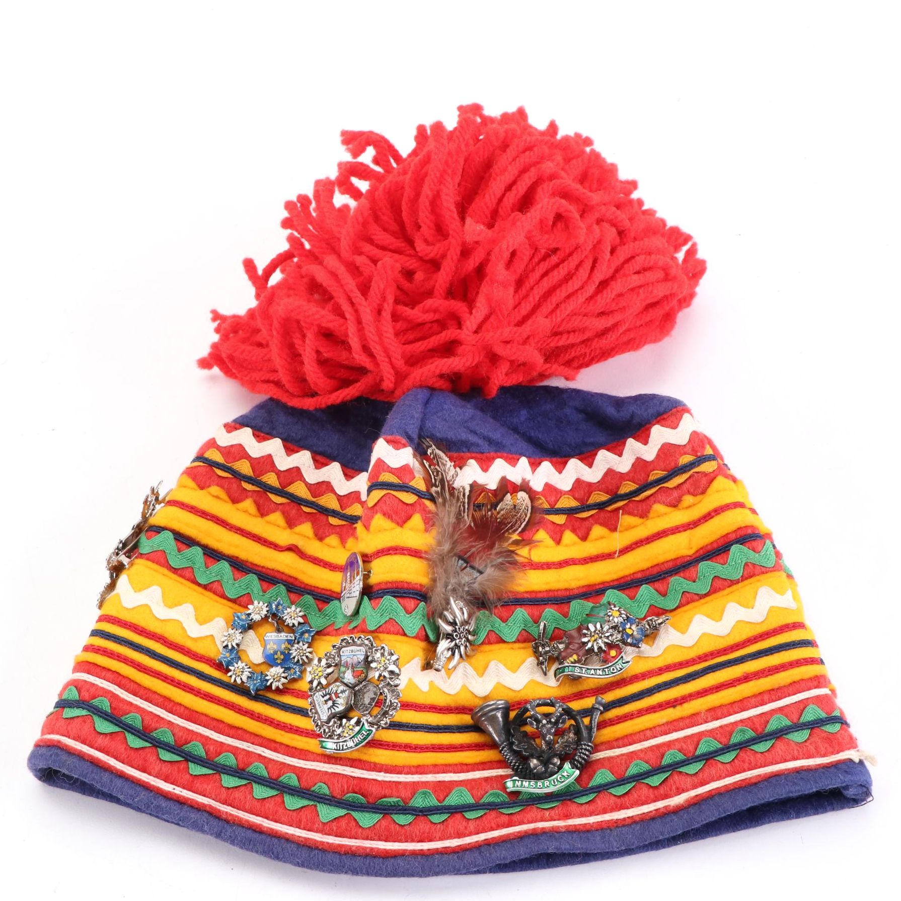 Sámi Style Felt Hat Embellished with Ribbons and Enamel Souvenir Pins