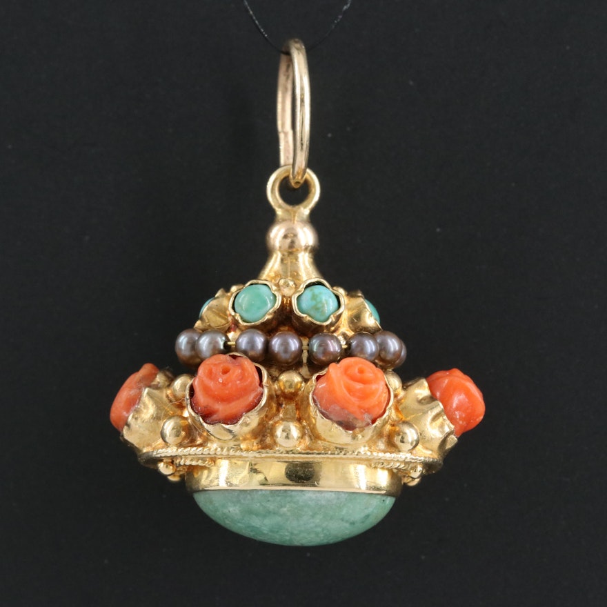 Antique 14K Water Fob with Rosette, Turquoise, Coral and Seed Pearls