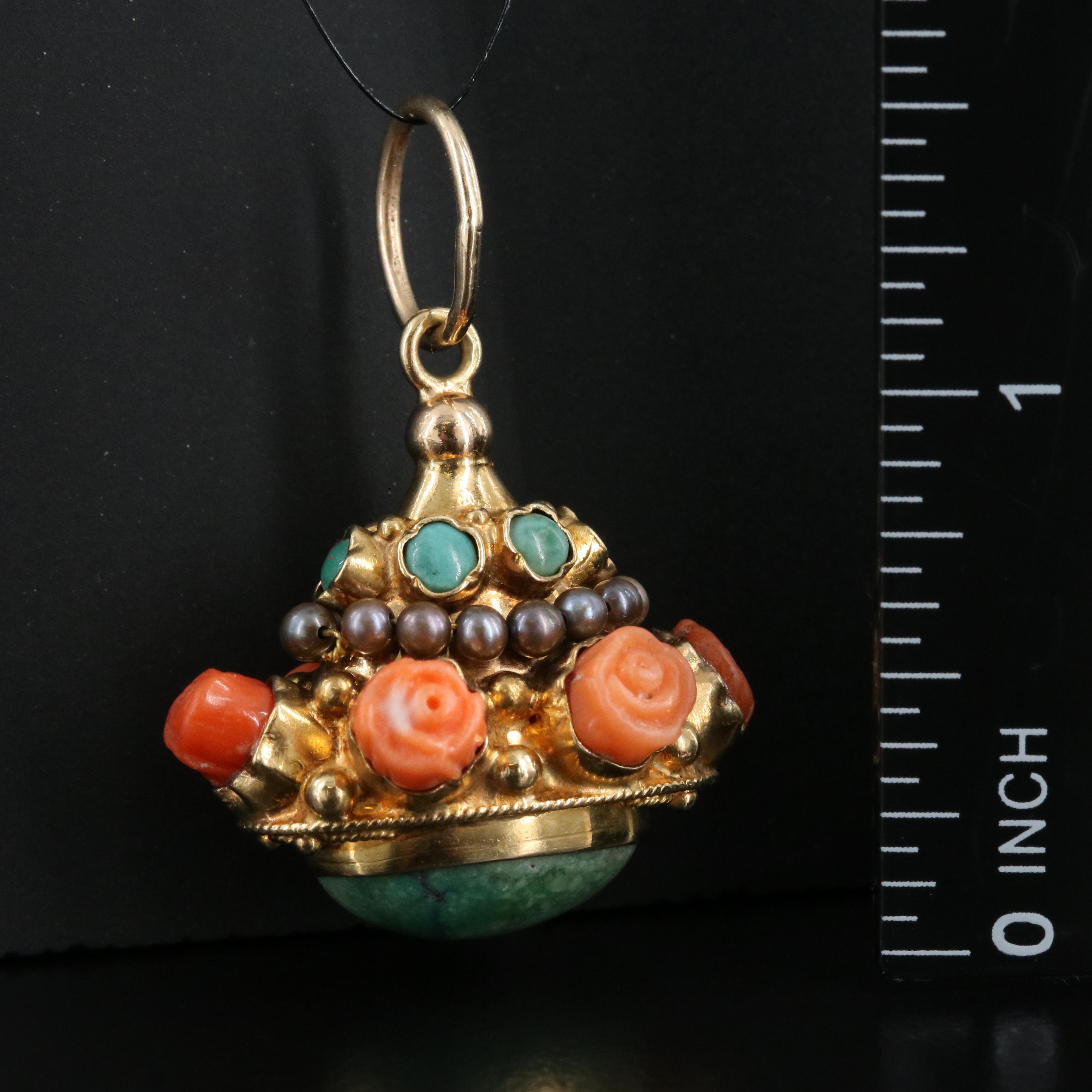 Antique 14K Water Fob with Rosette, Turquoise, Coral and Seed Pearls