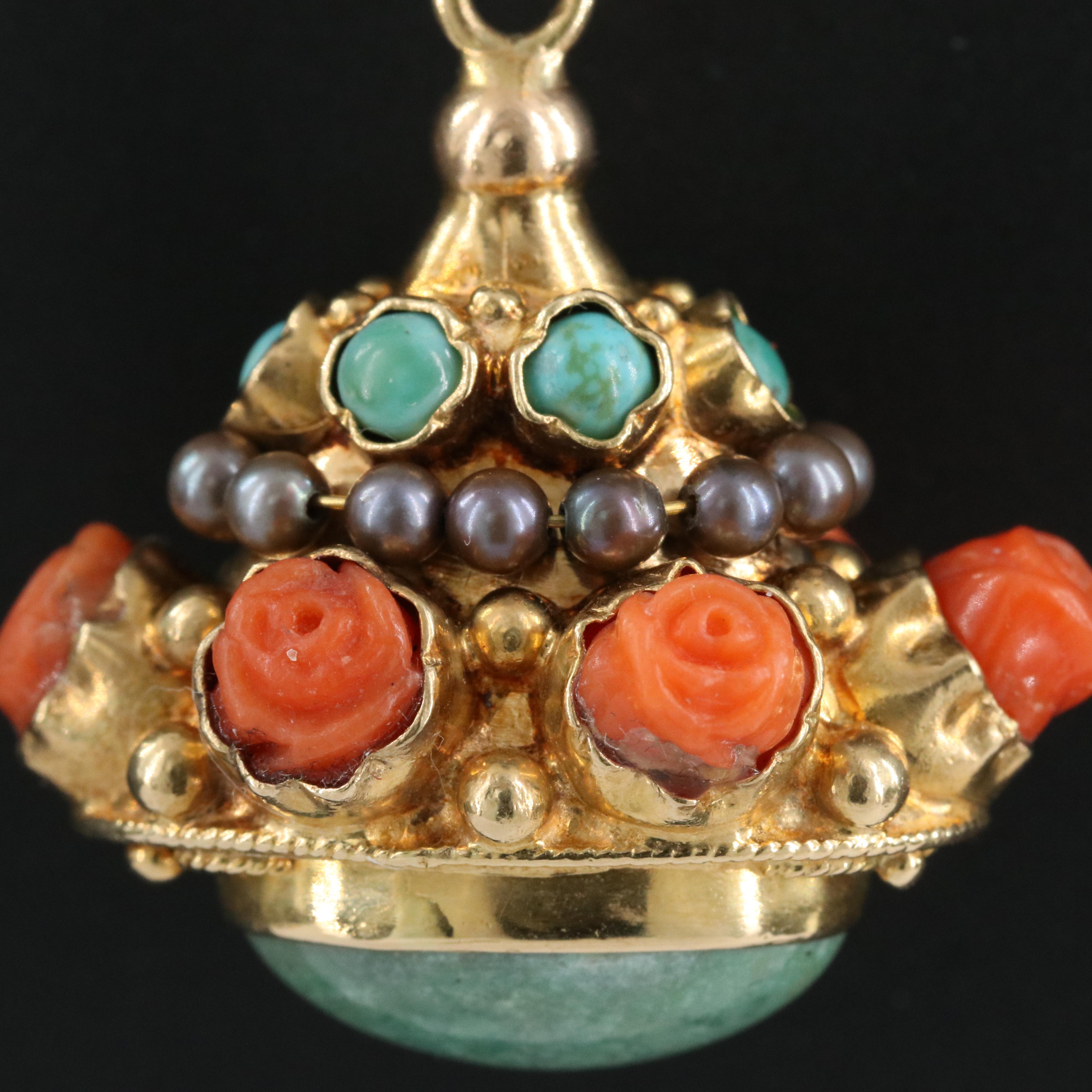 Antique 14K Water Fob with Rosette, Turquoise, Coral and Seed Pearls