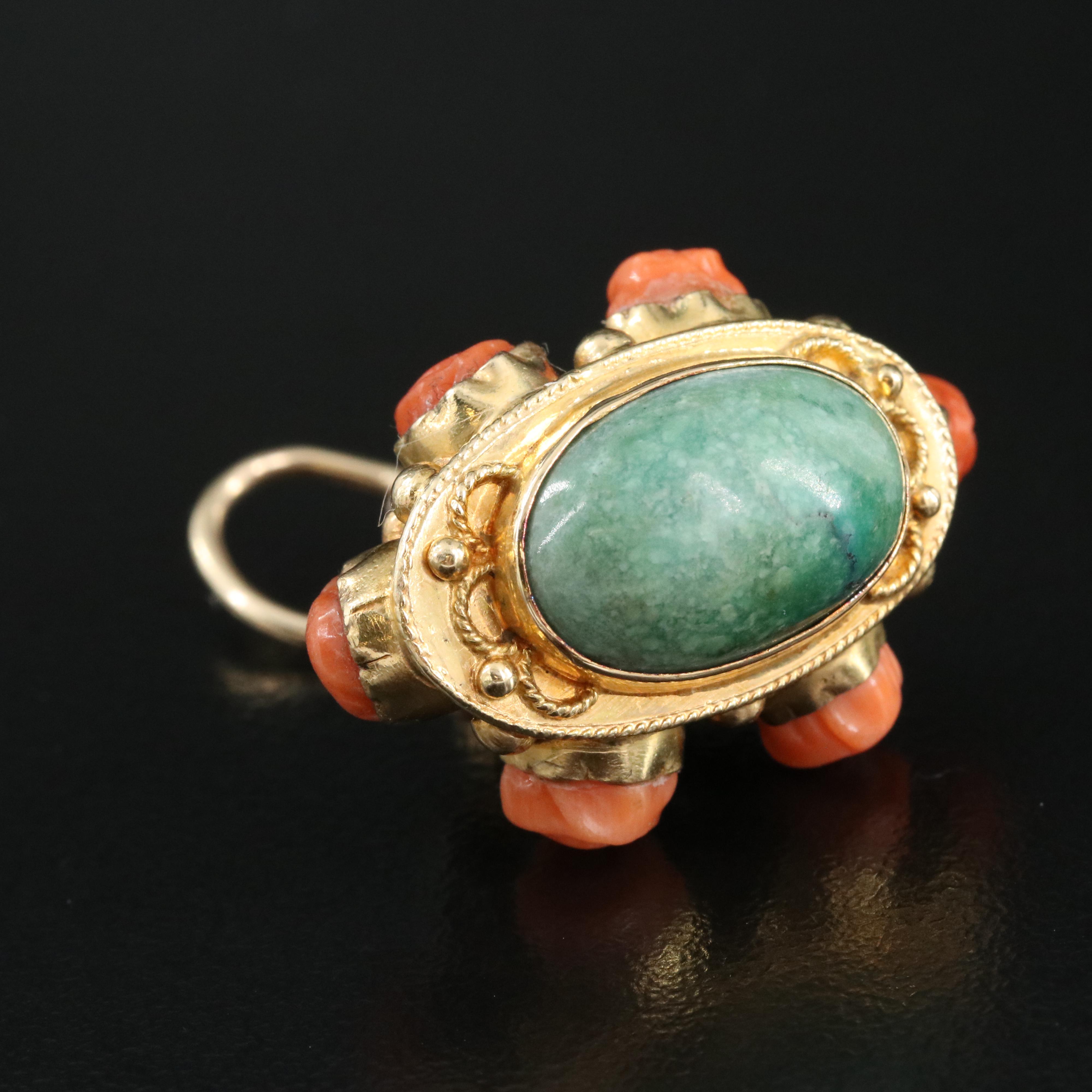 Antique 14K Water Fob with Rosette, Turquoise, Coral and Seed Pearls
