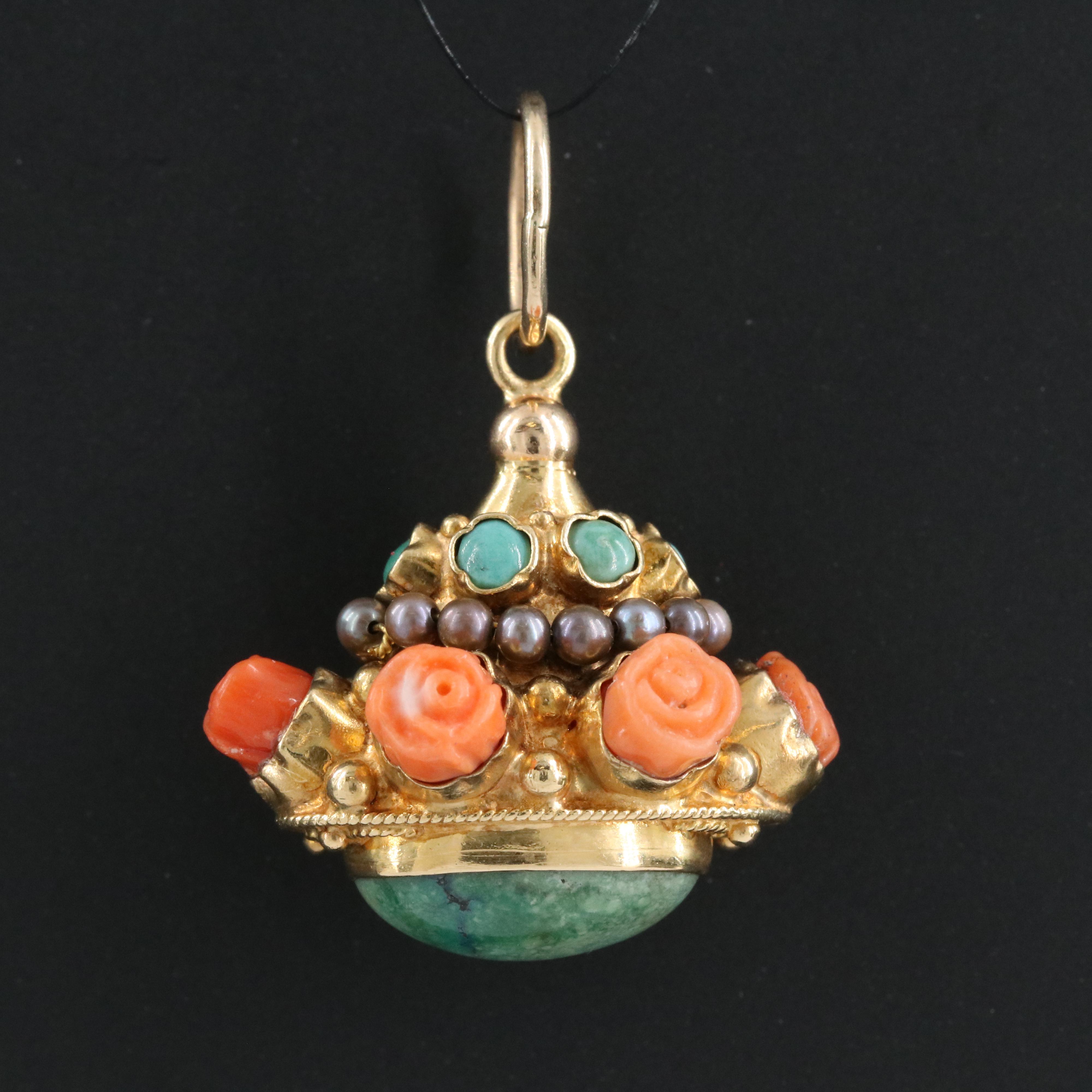 Antique 14K Water Fob with Rosette, Turquoise, Coral and Seed Pearls
