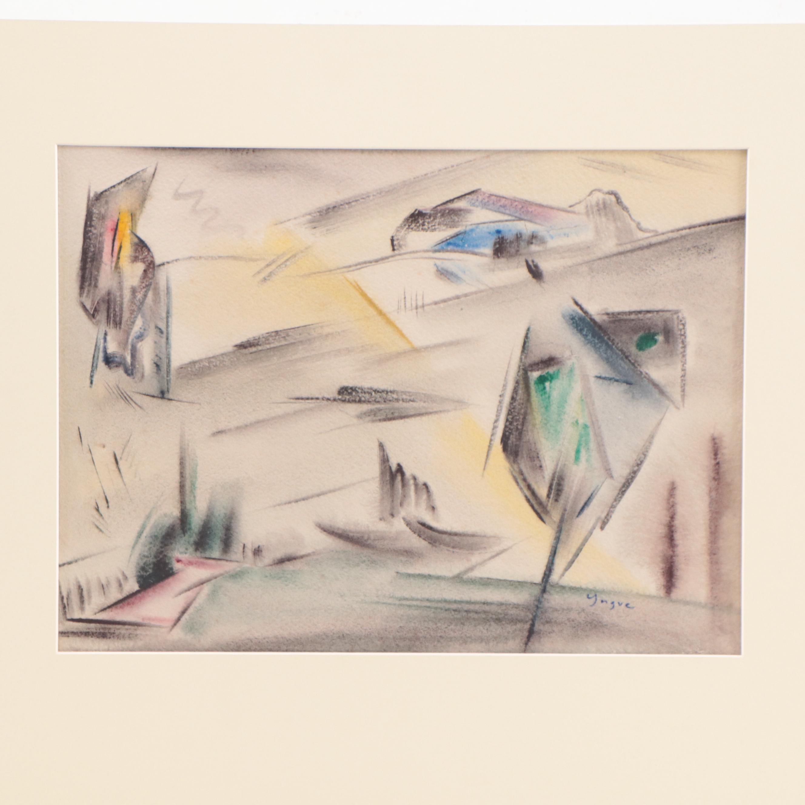 Yngve H. Olsen Modernist Watercolor Painting of Landscape, Mid-20th Century