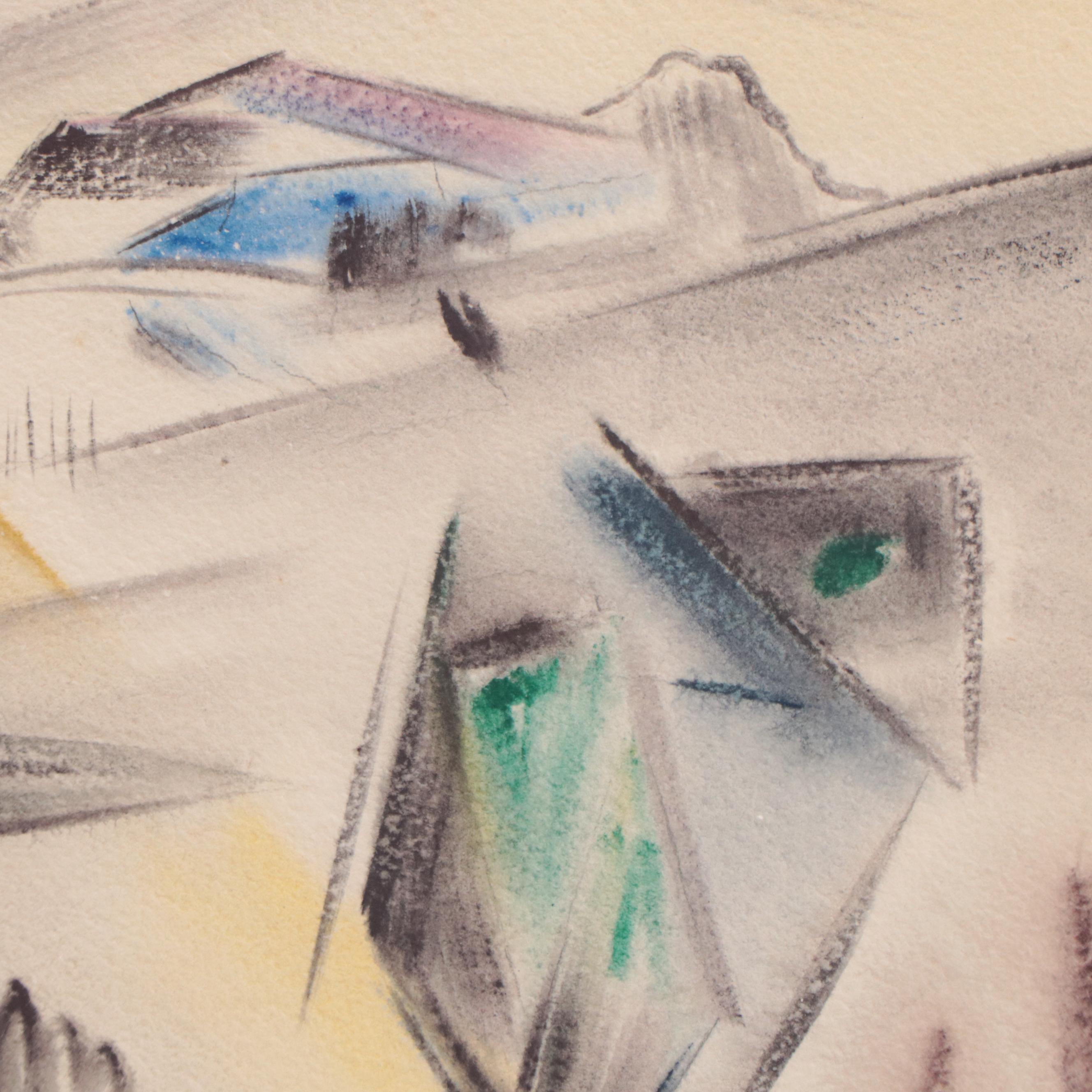 Yngve H. Olsen Modernist Watercolor Painting of Landscape, Mid-20th Century