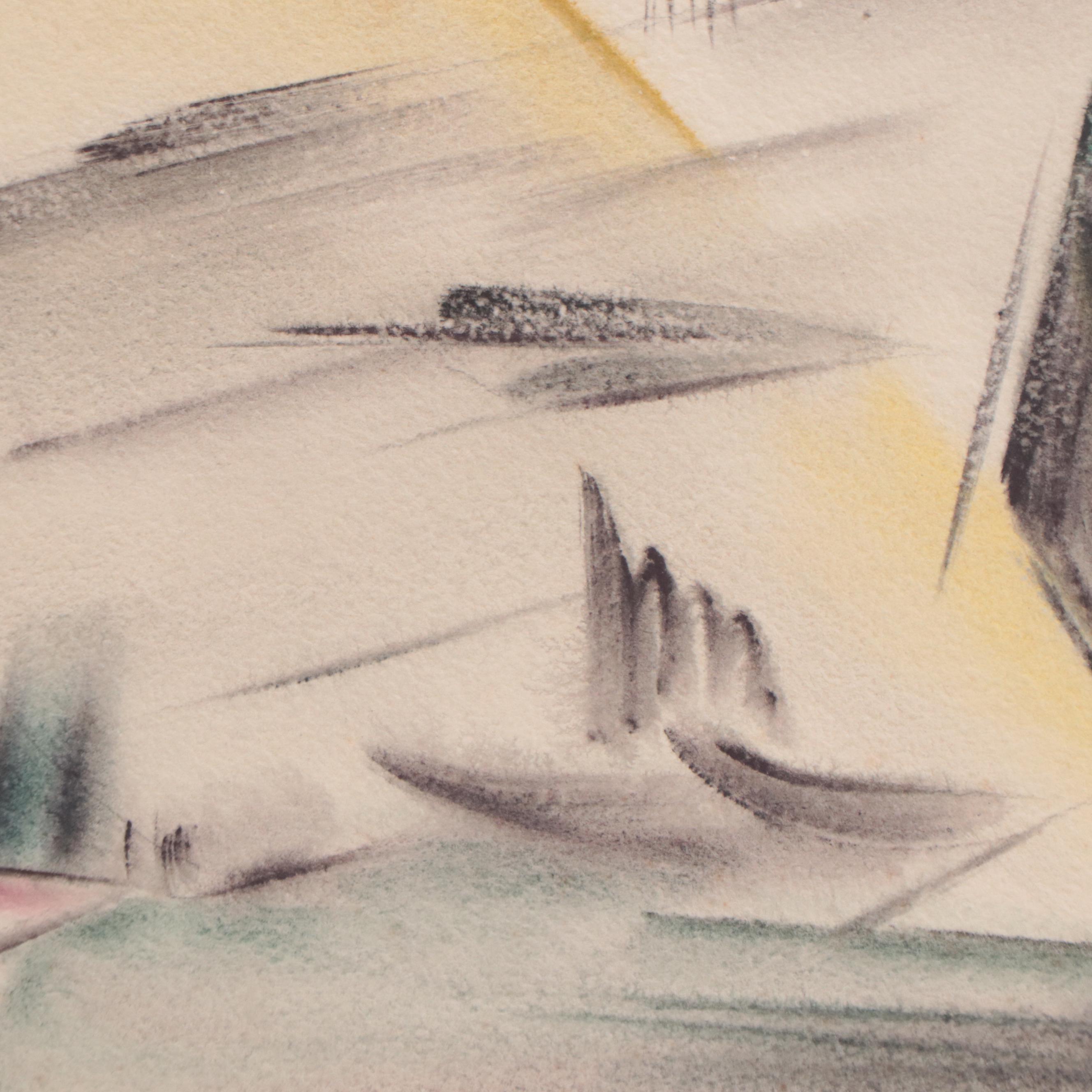 Yngve H. Olsen Modernist Watercolor Painting of Landscape, Mid-20th Century